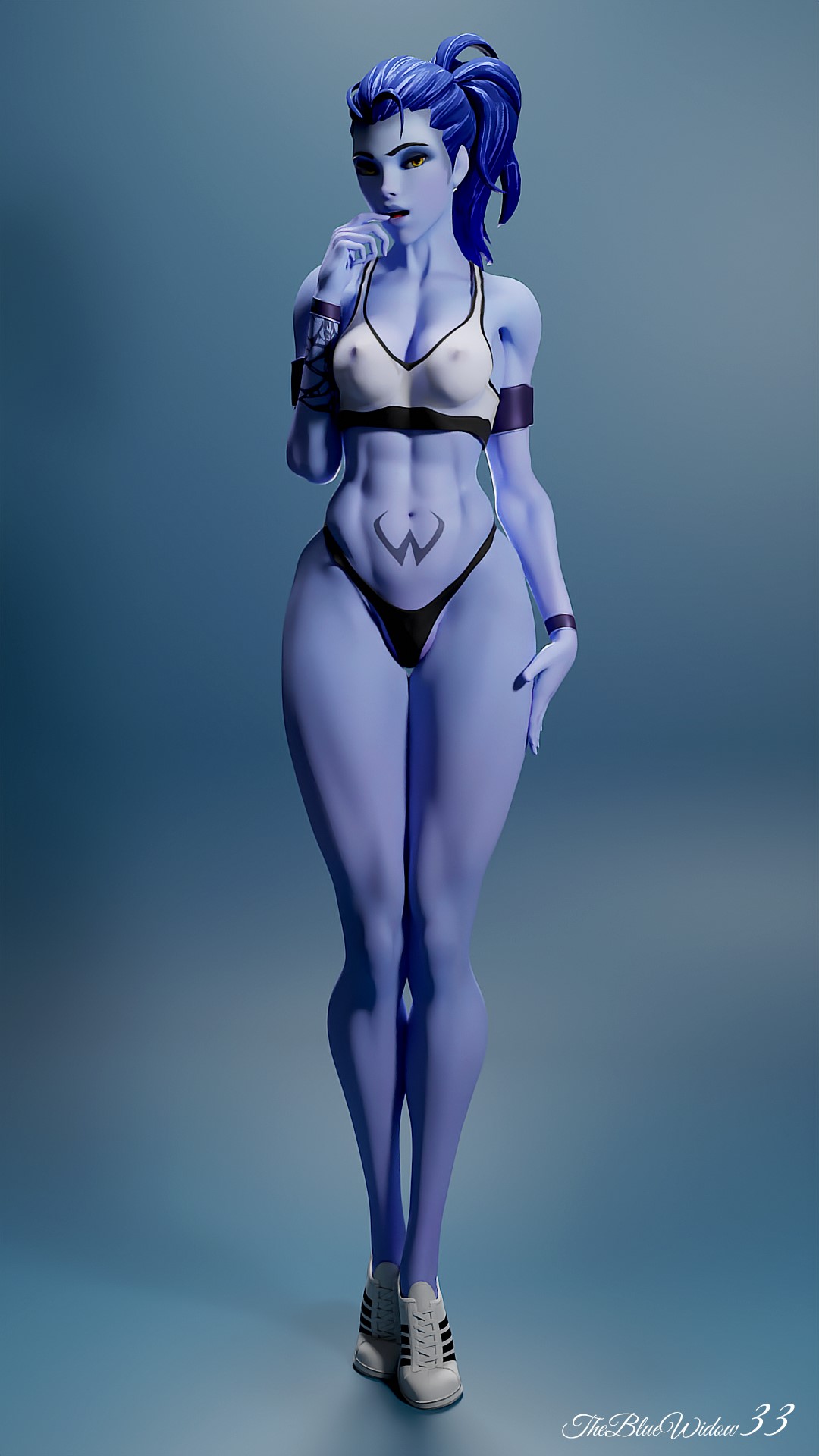 1girls, 3d, abs, bra, female, finger in mouth, hand on hip, horny, horny female, legs, looking at viewer, muscular, overwatch, panties, purple hair, purple skin, seductive, seductive look, seductive smile, see-through, sneakers, solo, sports bra, sportswear, standing, tagme, the blue widow33, thong, tied hair, tongue, tongue out, transparent clothing, underwear, widowmaker