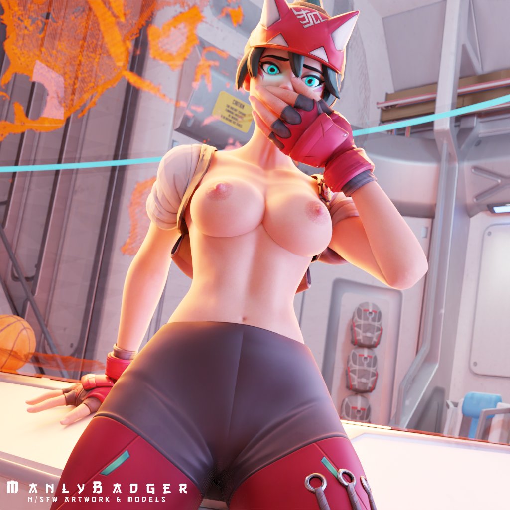 1girls, 3d, bandana, blizzard entertainment, blue eyes, breasts, exposed breasts, facial markings, female, female only, fingerless gloves, fox mask, gloves, glowing eyes, green hair, kiriko (overwatch), manlybadger, nipples, overwatch, overwatch 2, shocked, short hair