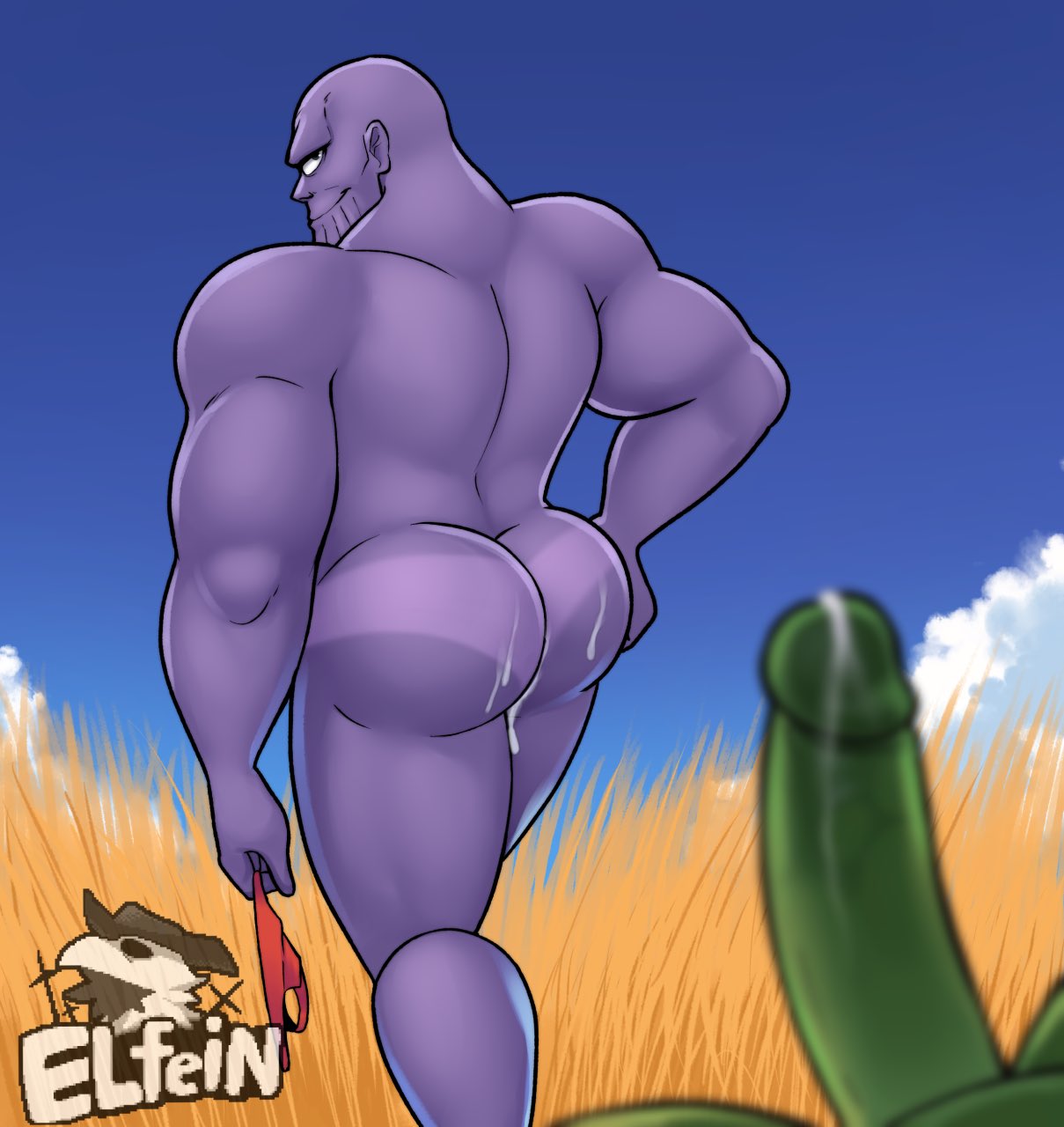ass, balls, bara, big ass, big penis, boner, elfein, erection, gay, hulk, looking back, male, male only, marvel, marvel comics, muscles, muscular, penis, purple body, purple skin, thanos, yaoi