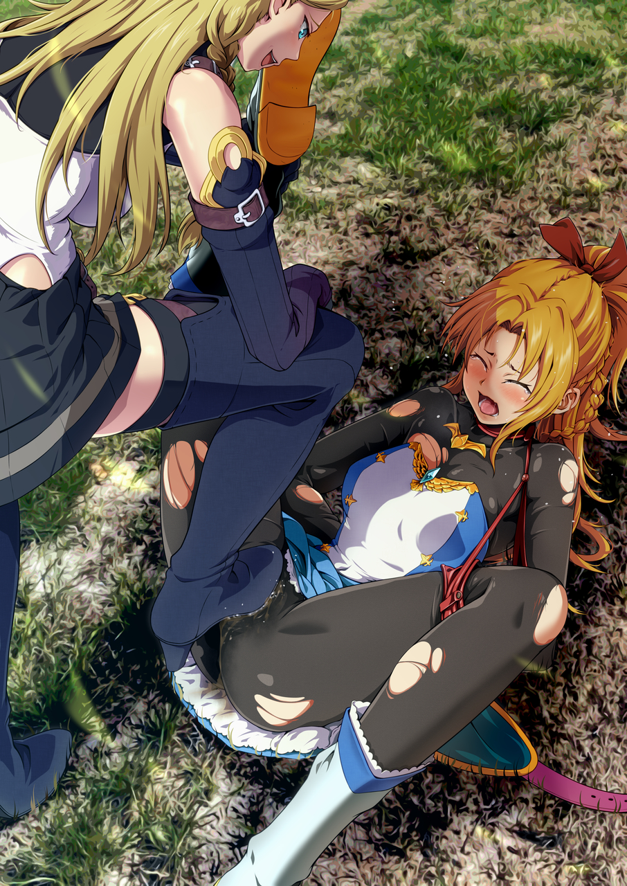 2girls :d black_bodysuit black_skirt black_sleeves black_socks black_thighhighs blonde_hair blue_dress blue_eyes blue_footwear bodysuit boots bow braid character_request clenched_teeth closed_eyes clothes_lift crying cuntbusting detached_sleeves dress dress_lift fukuro_ooji hairbow high_ponytail highres long_hair lying miniskirt multicolored_clothes multicolored_dress multiple_girls on_back peeing peeing_self pleated_skirt pussy_juice red_bow red_socks sekaiju_no_meikyuu sekaiju_no_meikyuu_5 shiny shiny_hair short_dress skirt smile socks spread_legs stepping_on_genitals strapless strapless_dress striped_socks tears teeth thigh_boots thigh_socks thigh_strap thighhighs torn_bodysuit torn_clothes white_dress yuri zettai_ryouiki