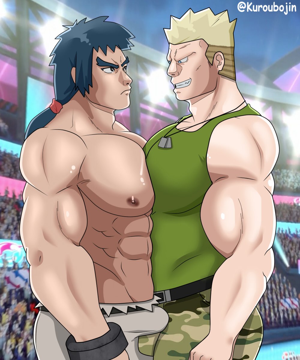 2boys abs bara bara_tiddies bara_tits belt big_biceps big_muscles big_pecs black_hair blonde blonde_hair blue_eyes bottomwear bruno_(pokemon) bulge bulges_touching busty camouflage_pants clothed clothing erection erection_under_clothing game_freak gay green_shirt green_topwear huge_biceps huge_pecs human human_only in_public kuroubojin light-skinned_male light_skin long_hair long_hair_male looking_at_another lt_surge male male/male male_chest male_focus male_nipples male_only military_pants muscles muscular muscular_male necklace nintendo nipples pecs pecs_against_each_other pecs_touching pectoral_press pectorals penises_touching pokemon sexual_tension sleeveless_shirt teeth teeth_showing thick_eyebrows tied_hair topless topless_male