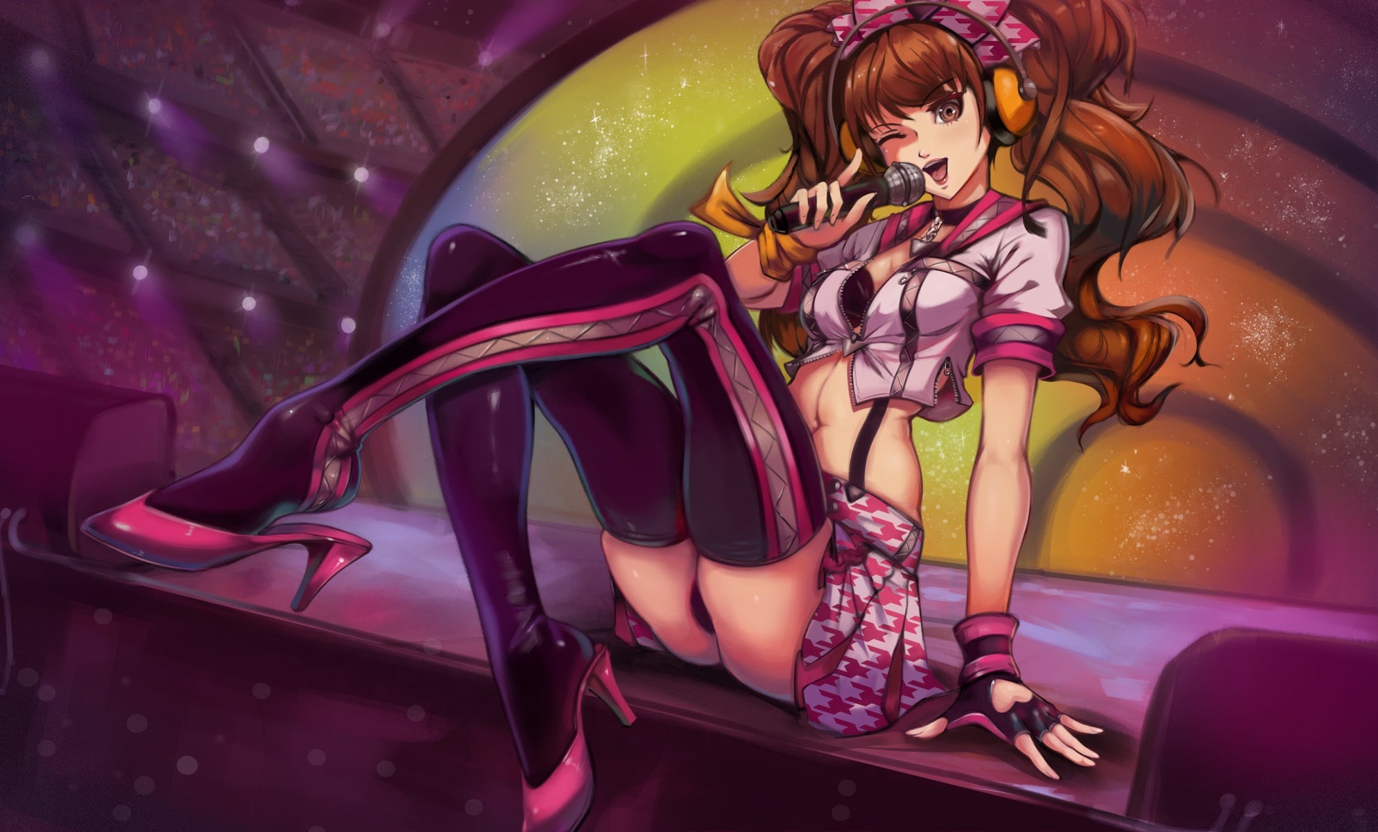 1girls, alternate costume, atlus, breasts, brown eyes, brown hair, brown-haired female, clothed, clothed female, clothing, crop top, fair skin, female, female focus, female only, fully clothed, fully clothed female, gloves, headphones, heels, hi res, high heels, highres, idol, kujikawa rise, kujikawa rise (dancewear), large breasts, latex, latex panties, latex stockings, light skin, light-skinned female, long hair, long-haired female, megami tensei, navel, persona, persona 4, persona 4: dancing all night, sega, sitting, skirt, solo, solo female, solo focus, toasty scones, twintails, upskirt