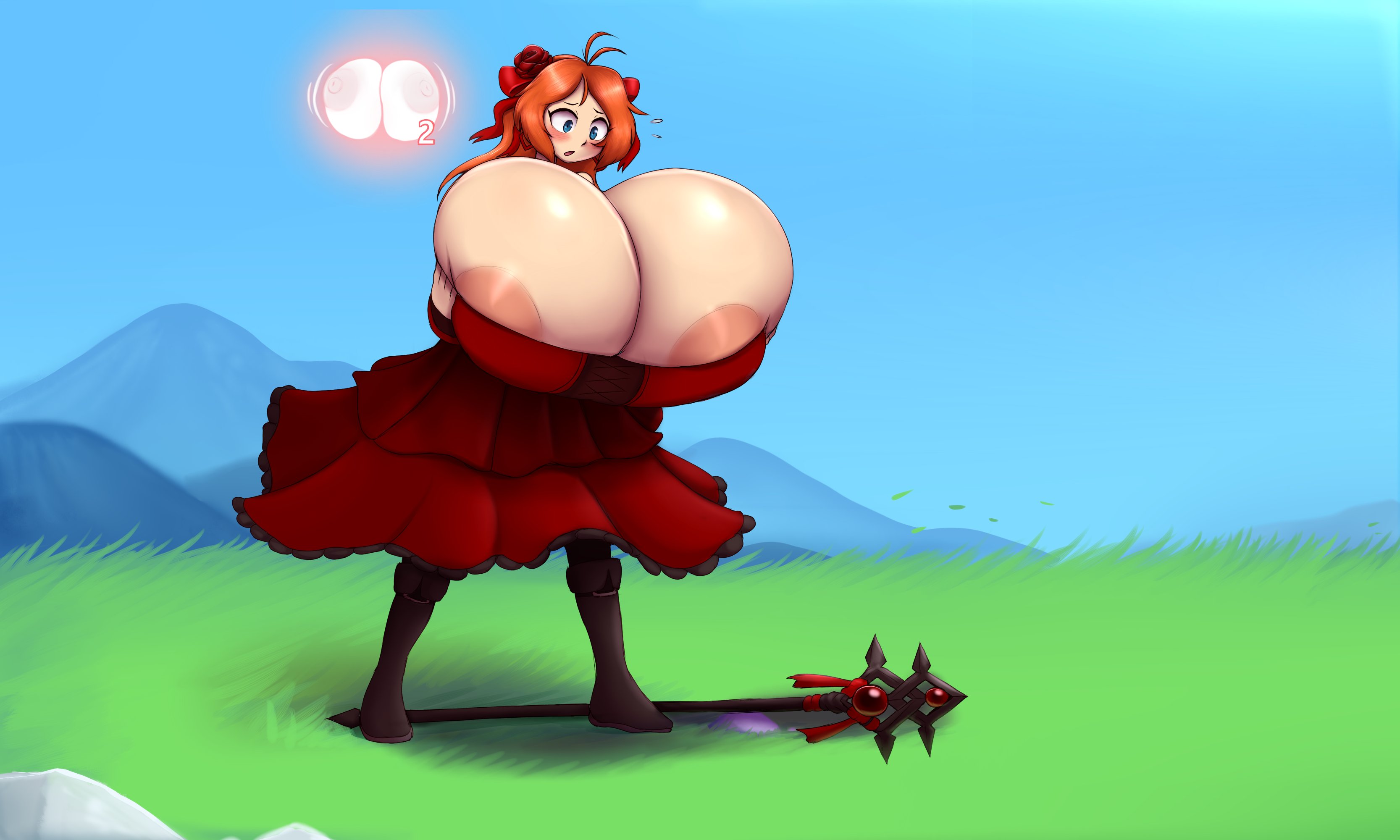 1girls, alternate version available, areolae, blue eyes, breast expansion, breast focus, breast growth, breast growth (enlargement), breasts, dress, epic battle fantasy, female, female only, gameplay mechanics, hair ribbons, huge breasts, hyper, hyper breasts, metachoke, natalie (ebf), newgrounds, nipples, orange hair, solo, solo female, solo focus