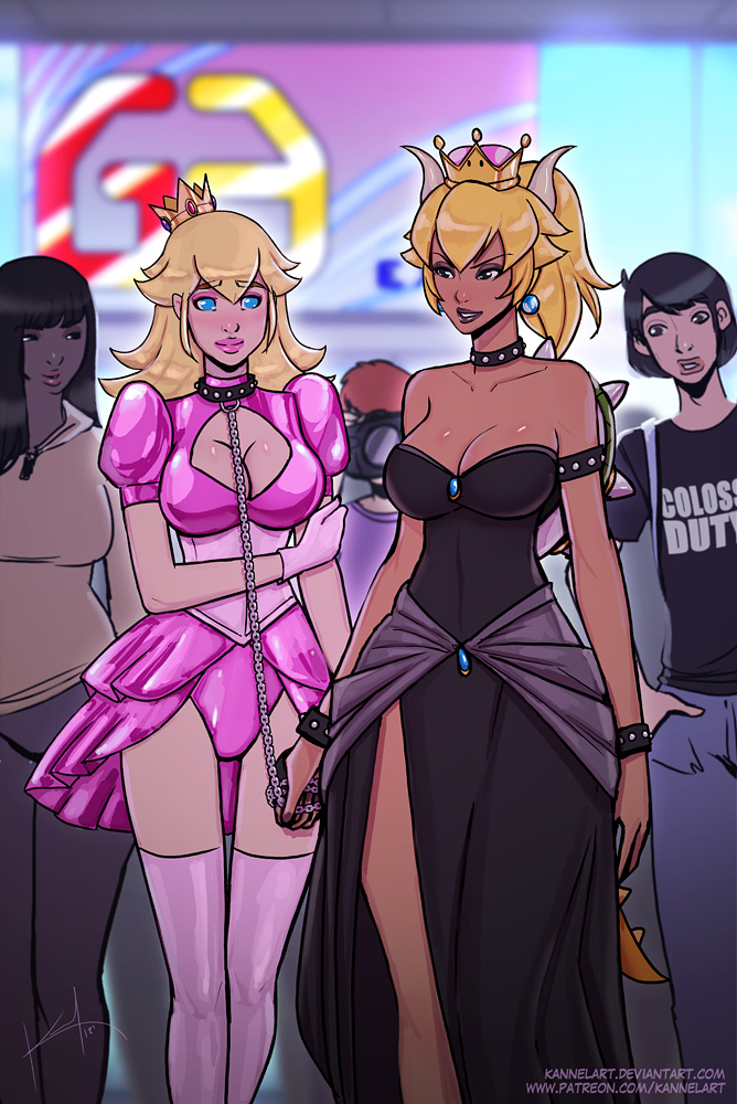 2girls black_dress black_eyes blonde_hair blue_eyes bowsette breasts chain_leash cleavage_cutout collar corset crown dress earrings female female_focus fully_clothed gloves horns kannelart large_breasts leash leotard lesbian lezdom lezsub long_hair mario_(series) new_super_mario_bros._u_deluxe nintendo onlookers pink_corset pink_leotard pink_socks ponytail princess_peach revealing_clothes showgirl_skirt socks spiked_collar stockings strapless strapless_dress super_crown super_mario_bros. thigh_socks thighhighs turtle_shell wrist_cuffs