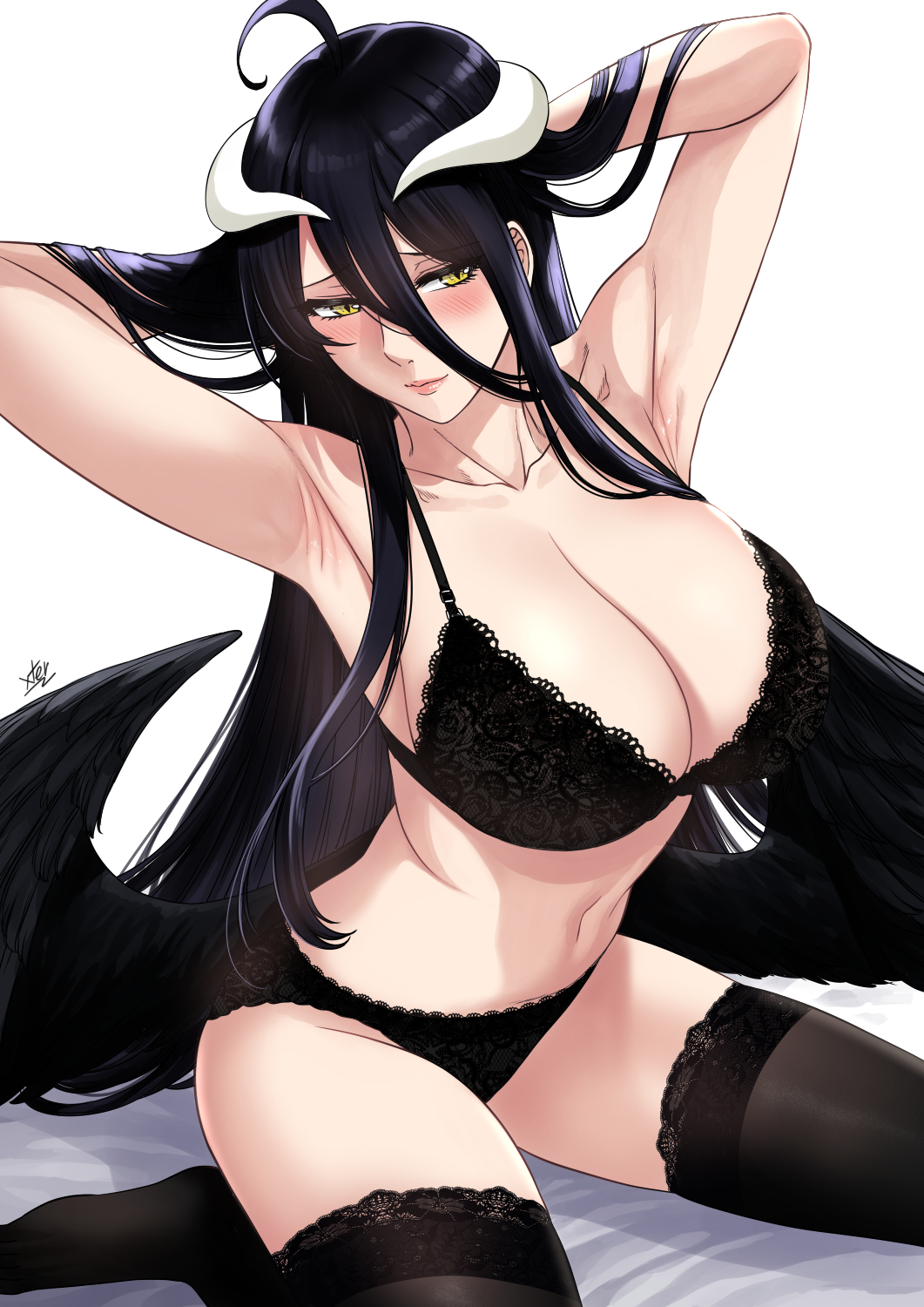 1girls albedo_(overlord) armpits arms_above_head arms_behind arms_behind_back arms_behind_head black_hair blush bra female female_focus female_only hair_between_eyes hand_on_head hands_behind_head horns horns_through_headwear huge_breasts light-skinned_female light_skin long_hair looking_at_viewer looking_pleasured naughty_face naughty_smile necklace overlord_(maruyama) seductive seductive_eyes seductive_look seductive_mouth seductive_pose seductive_smile smile smiling smiling_at_viewer solo stockings stockings_thigh_highs succubus succubus_horns succubus_wings underwear underwear_only xtermination yellow_eyes