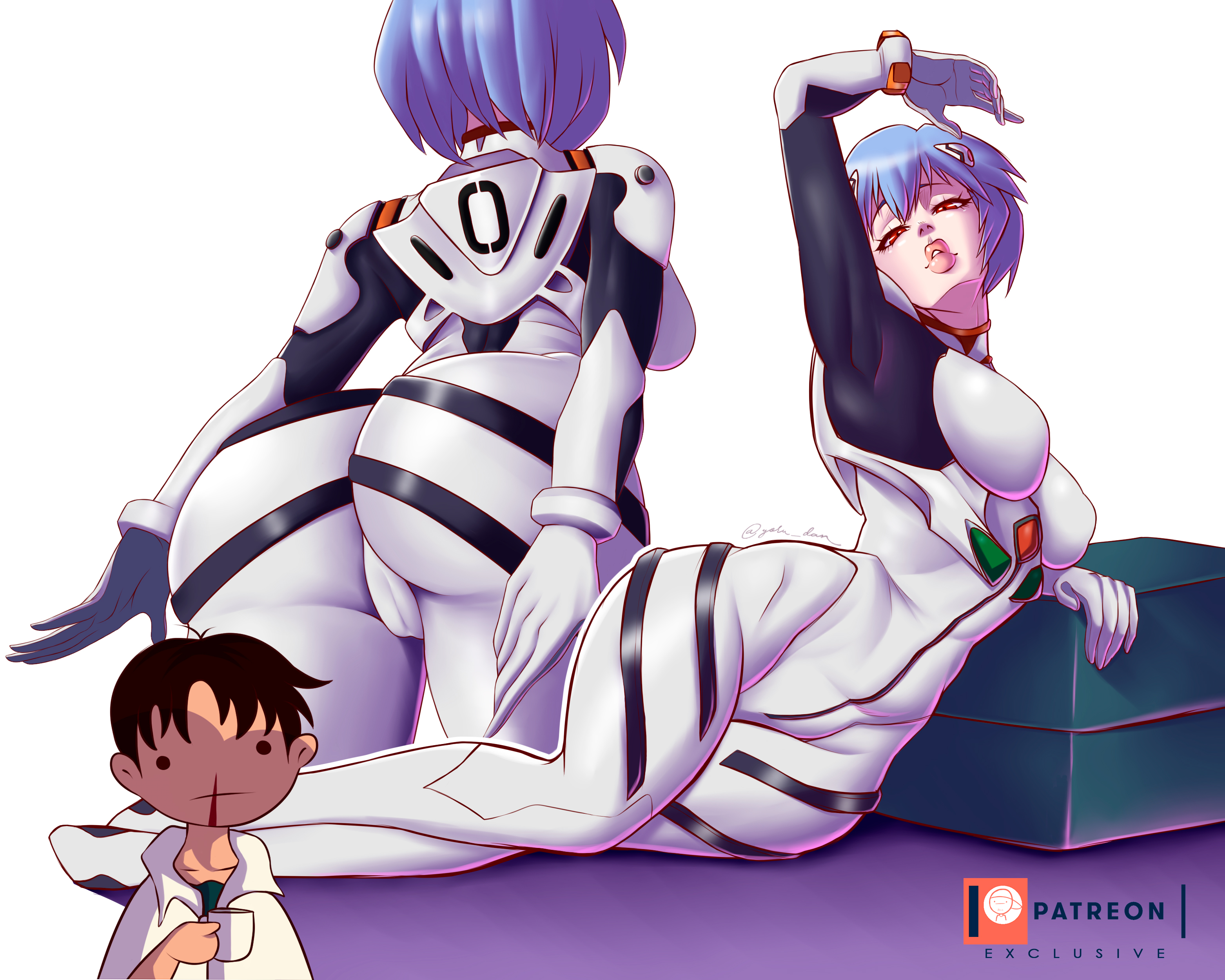 1boy, 1girls, ass, big ass, big butt, blue hair, bodysuit, breasts, cameltoe, female, male, neon genesis evangelion, nosebleed, plugsuit, pussy, red eyes, rei ayanami, shinji ikari, short hair, skin tight, skindentation, technical incest, thick thighs, thighs, wide hips, yoru dan