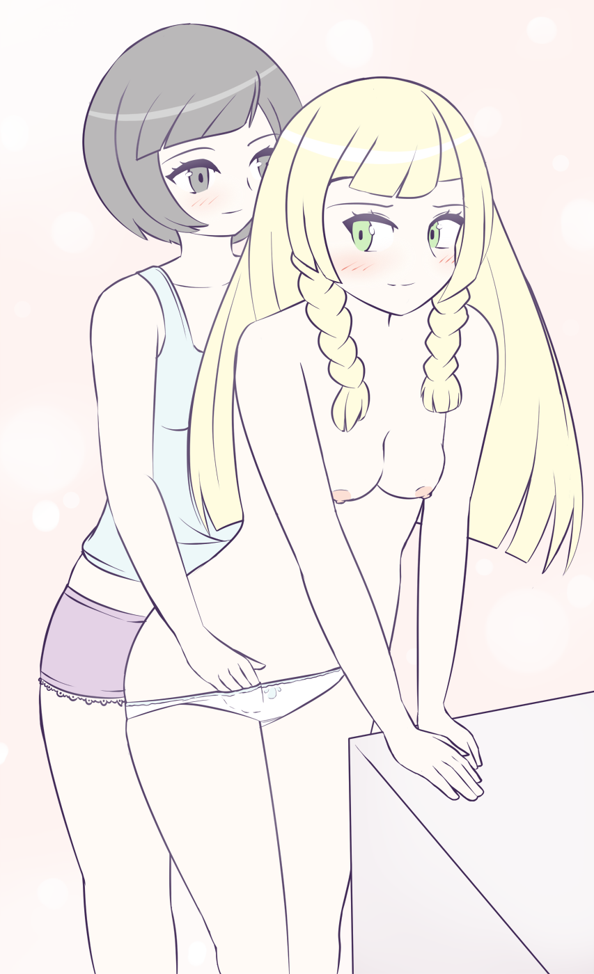 2girls anew black_hair blonde_hair blue_tank_top blush breasts fingering from_behind green_eyes grey_eyes hand_in_another's_panties hand_in_panties lillie_(pokemon) long_hair looking_back medium_breasts multiple_girls nintendo nipples panties pokemon pokemon_sm purple_shorts selene_(pokemon) short_hair shorts tank_top topless white_panties yuri