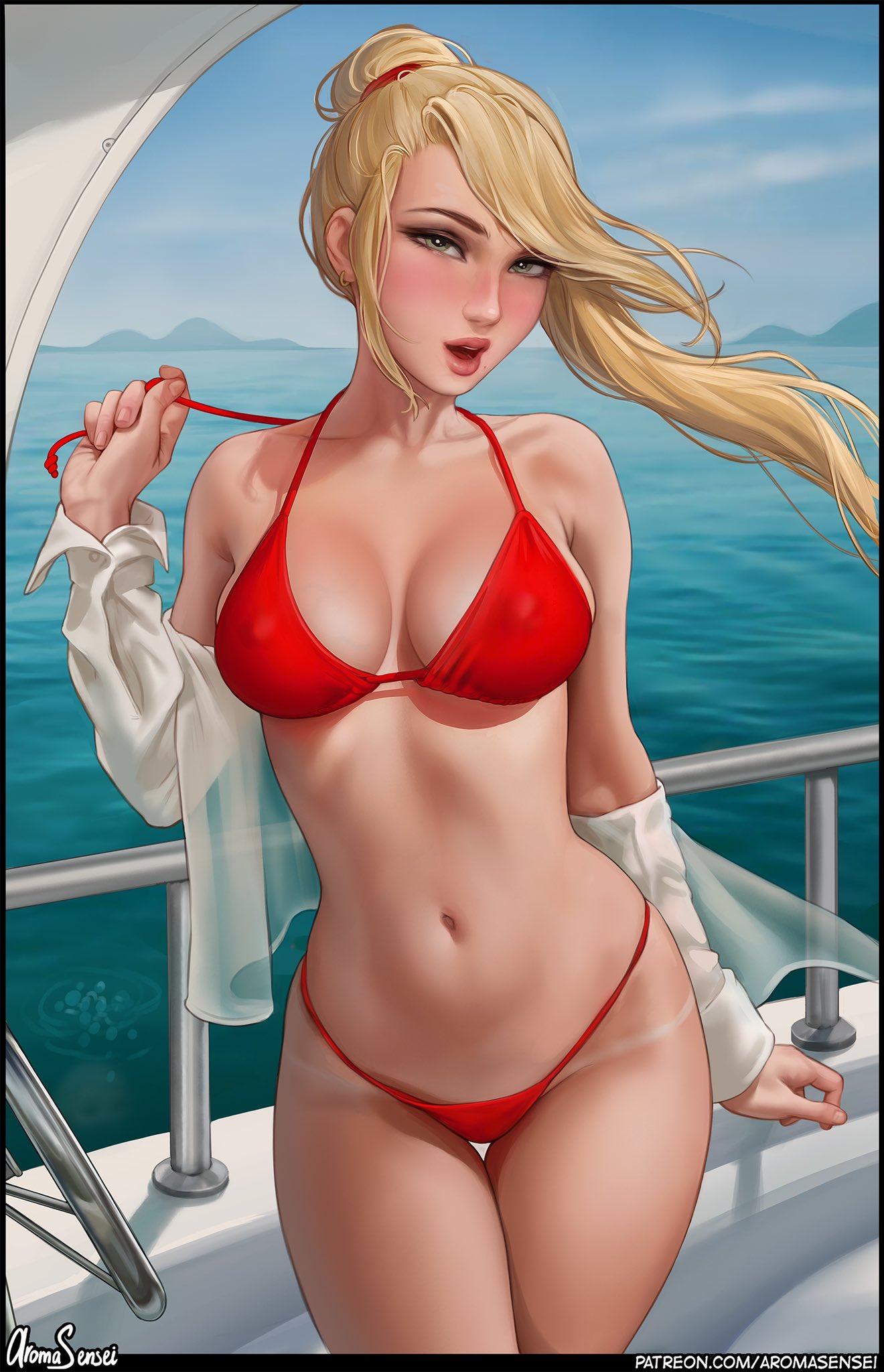 1girls, alternate version available, aroma sensei, beach, bikini, blonde hair, blue eyes, boat, breasts, female, hi res, hips, huge breasts, long hair, metroid, nintendo, outdoors, red bikini, samus aran, slim waist, textless, thick thighs, thighs, water, wide hips