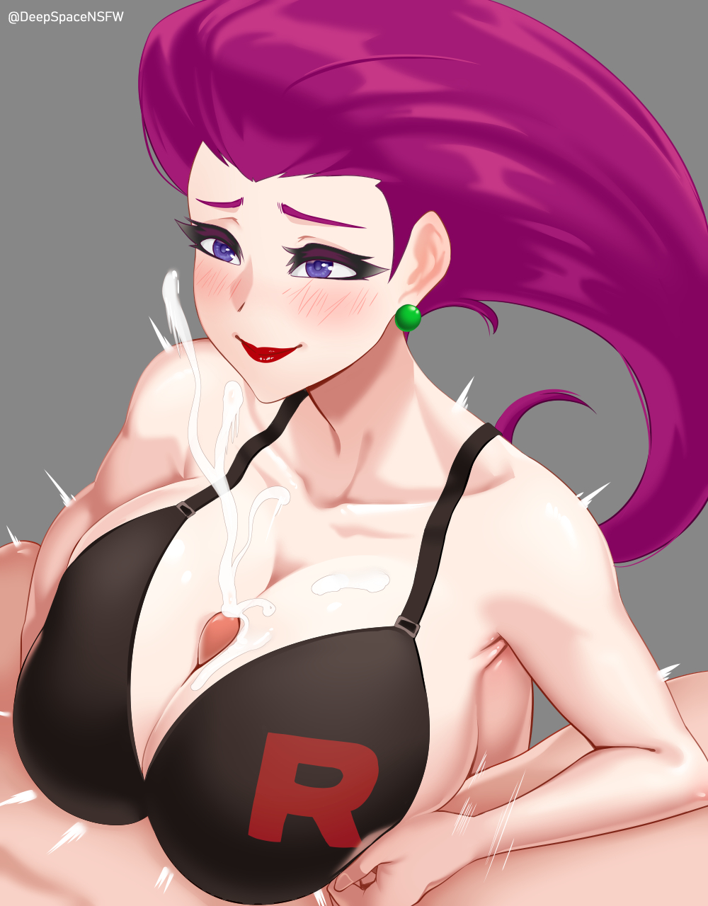 1boy 1girls blush bra cum cum_on_breasts cumshot deepspace huge_breasts jessie_(pokemon) lipstick male nintendo paizuri penis pokegirl pokemon pokemon_(anime) purple_hair team_rocket titjob unseen_male_face