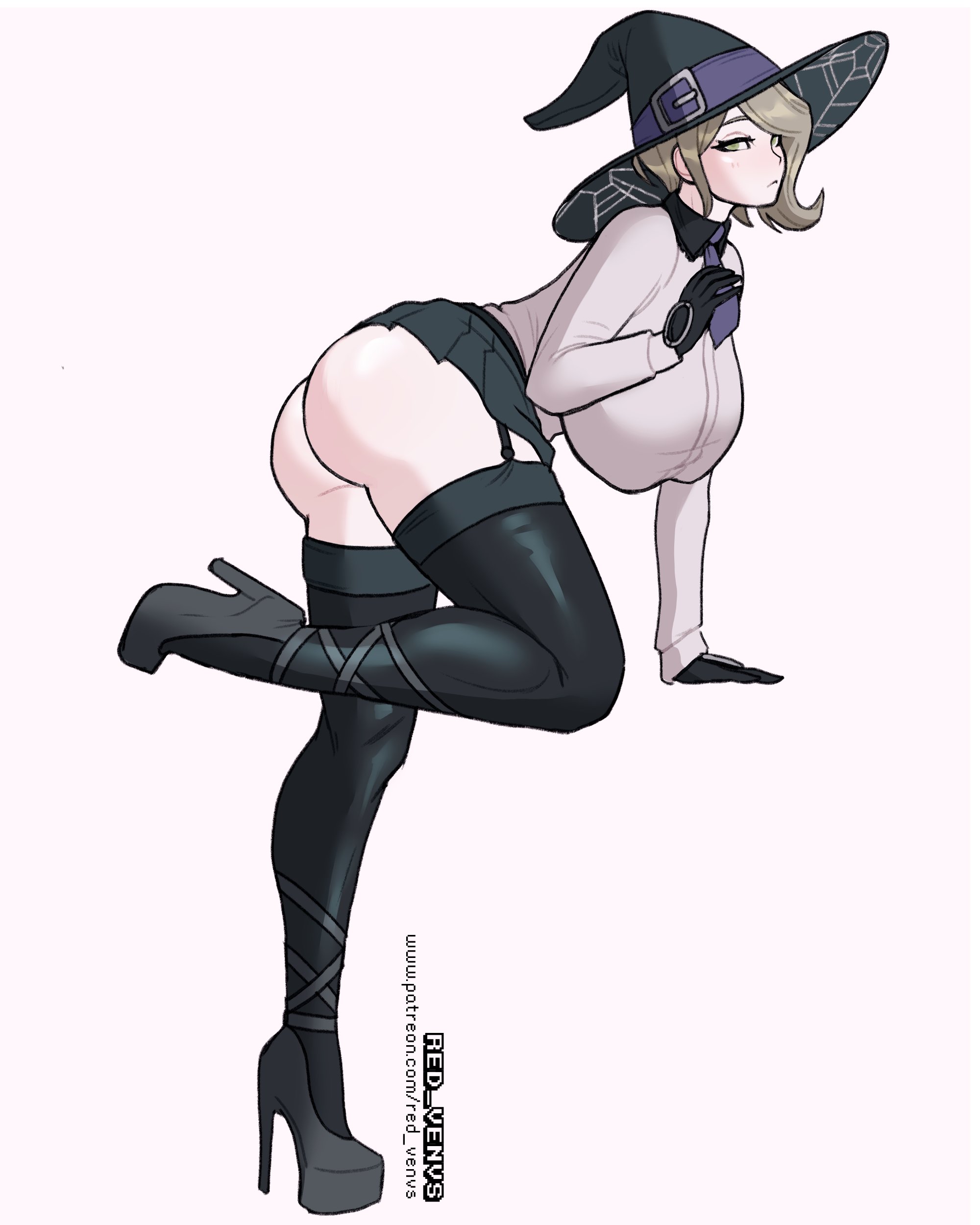 1girls, ass, big ass, big breasts, breasts, danganronpa, danganronpa v3, eye contact, female, female focus, female only, halloween, halloween costume, hat, high heel boots, high heels, large ass, large breasts, light skin, looking at viewer, miniskirt, redvenus, short hair, skirt, solo, stockings, straight hair, thick ass, thick thighs, thighhighs, toujou kirumi, witch, witch hat