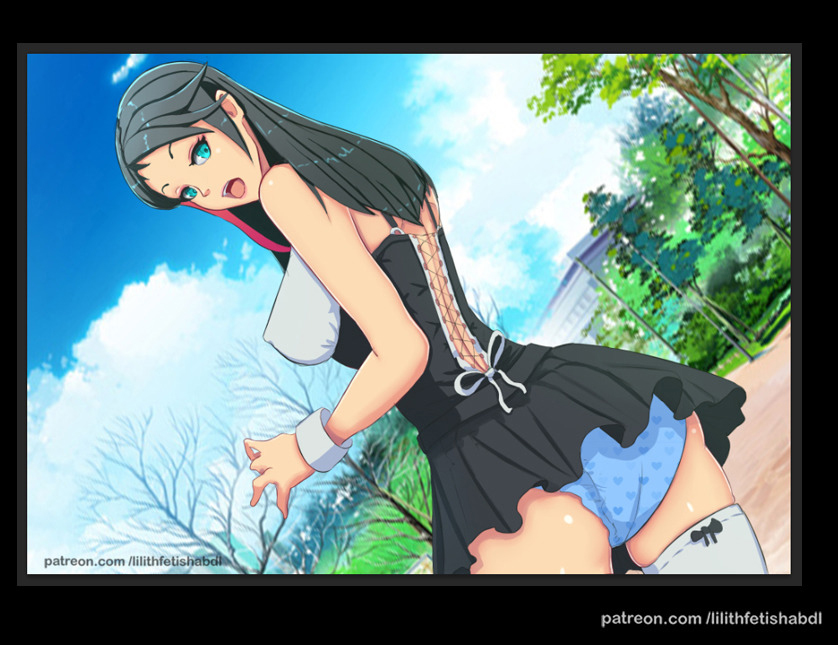 1girls black_dress black_hair blue_diaper blue_eyes bracelet breasts clouds diaper diaper_under_clothing dress game_cg hair_ribbon large_breasts lilith-fetish long_hair looking_back nipple_bulge open_mouth outside park short_dress sky sofia's_secret sofia_(sofia's_secret) surprised_expression thighhighs trees upskirt