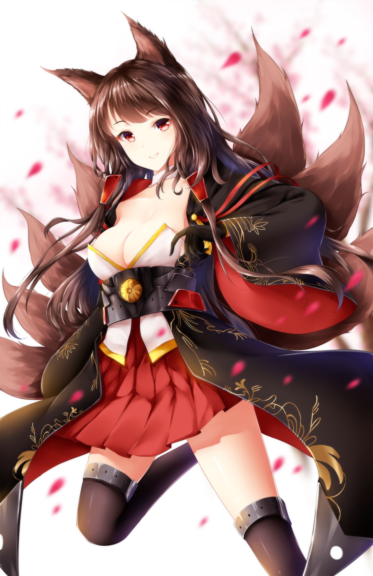 1girls akagi_(azur_lane) animal_ears azur_lane big_breasts breasts cleavage clothed clothing female female_only light-skinned_female light_skin red_eyes sakura_empire_(azur_lane) solo wsman