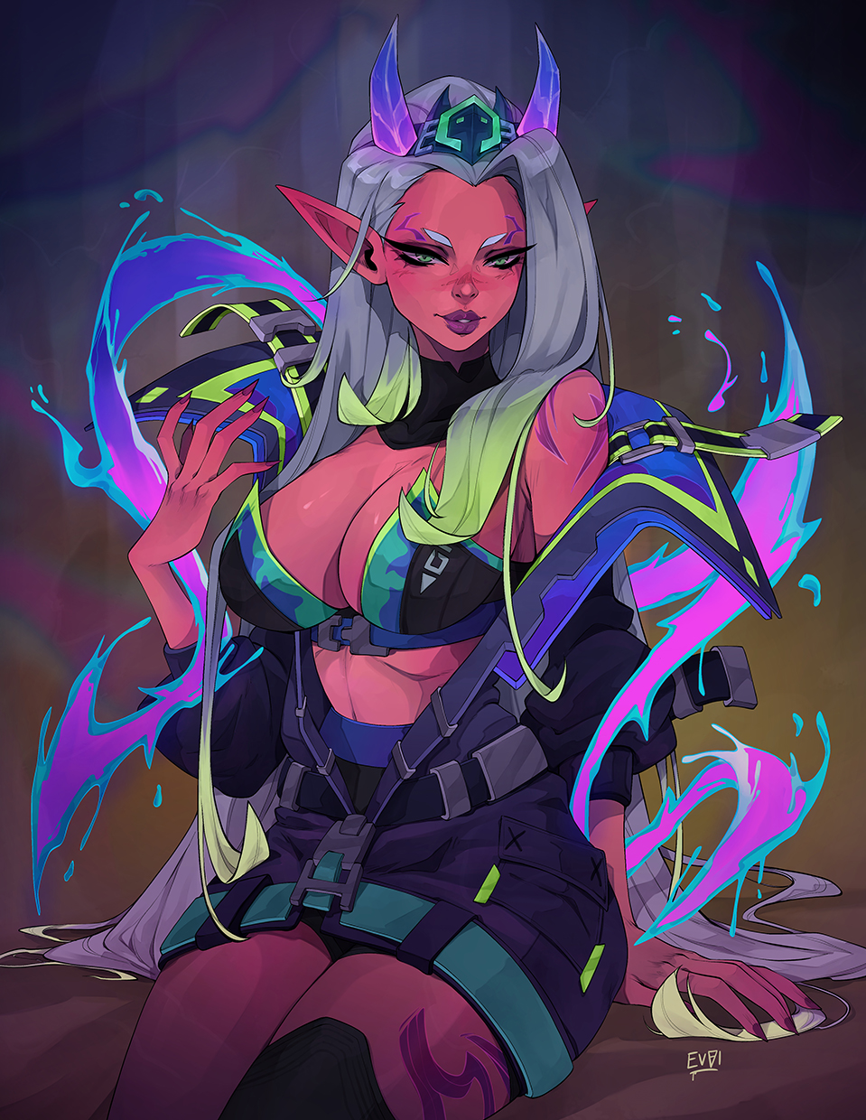 1girls curvaceous curvy curvy_body curvy_female curvy_figure emmanuel_viola evviart female female_only gradient_hair gray_hair green_eyes green_hair grey_hair hourglass_figure league_of_legends light-skinned_female light_skin multicolored_hair red_skin silver_hair solo solo_female street_demons_series street_demons_zyra voluptuous voluptuous_female zyra