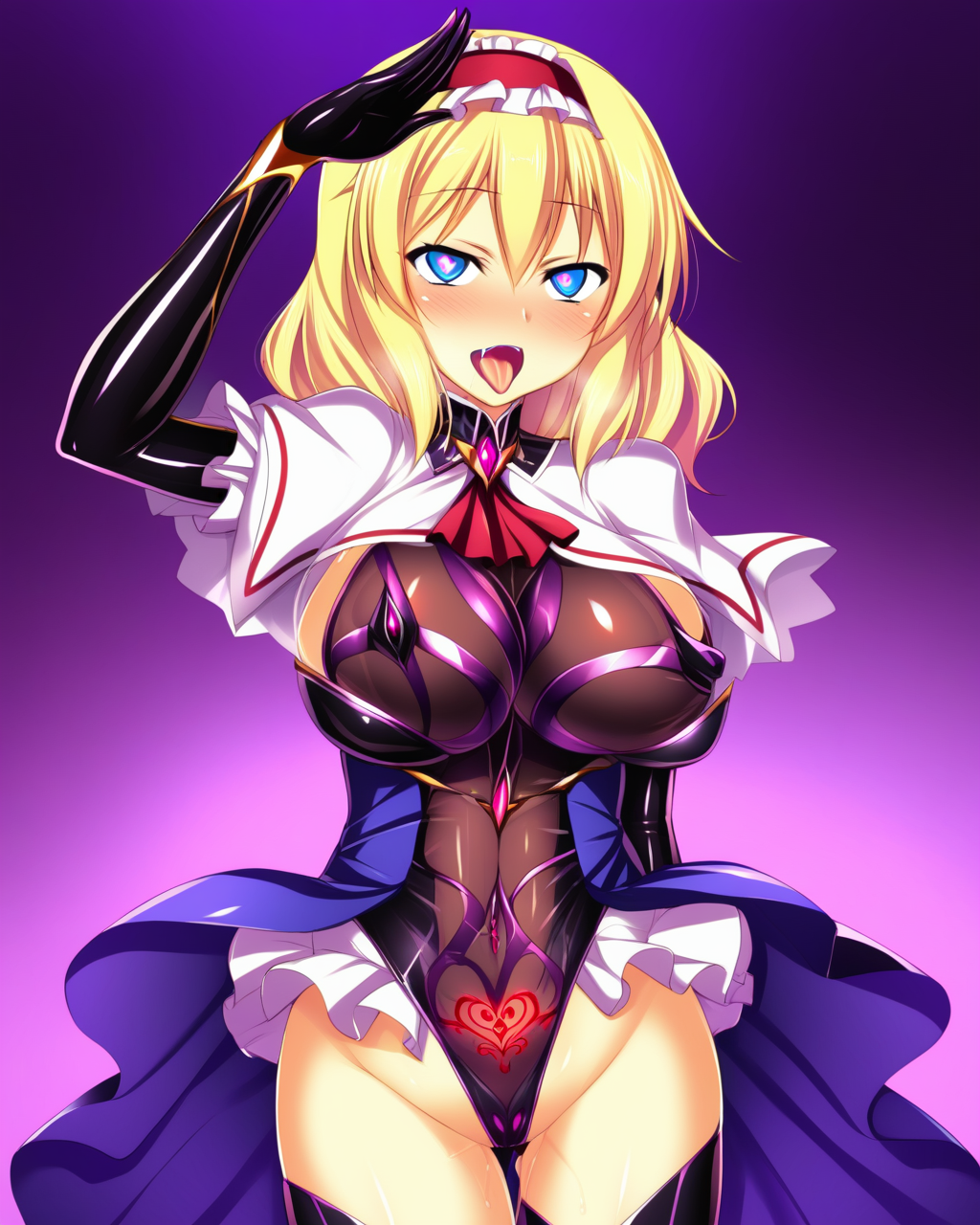 9231292020, ai generated, alice margatroid, ass, brainwashing, breasts, corruption, enemy conversion, female, heart-shaped pupils, implied transformation, large ass, large breasts, latex, leotard, mind break, mind control, navel, salute, smile, thick thighs, tongue, tongue out, touhou, transformation, wide hips