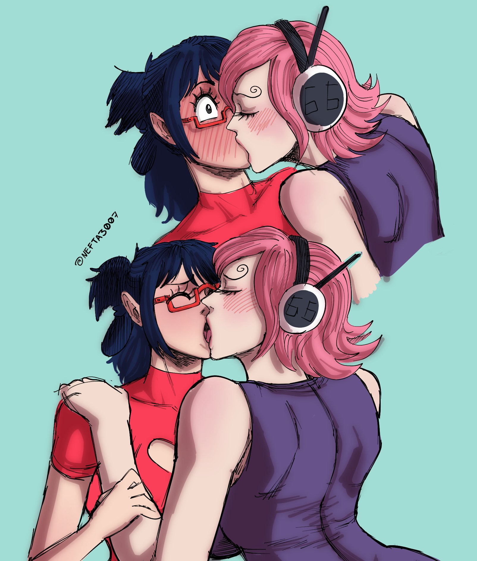 2girls, black hair, black-haired female, blush, female, female only, glasses, horny, kissing, nefta3007, one piece, passionate, pink hair, pink-haired female, short hair, tashigi, vinsmoke reiju, yuri