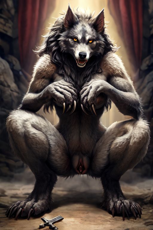 5_fingers 5_toes ai_generated big_paws black_claws canid canine canine_genitalia canine_pussy claws digitigrade female female_only green_hair grey_fur mane open_mouth pointy_ears realistic spread_legs squatting thick_thighs toe_claws were werewolf yellow_eyes