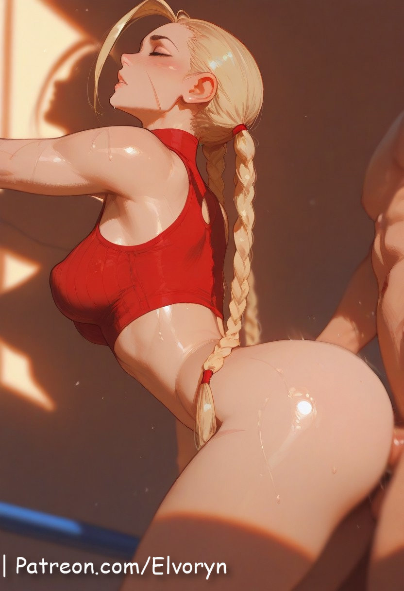 1boy, 1girls, ai generated, alternate version at source, ass, big ass, big breast, blonde hair, braid, braided hair, braided twintails, breasts, cammy white, capcom, cum, cum inside, elvoryn, erection, eyes close, female, female on top, hair grab, long hair, male, penetration, penis, riding, sex, street fighter, twintails
