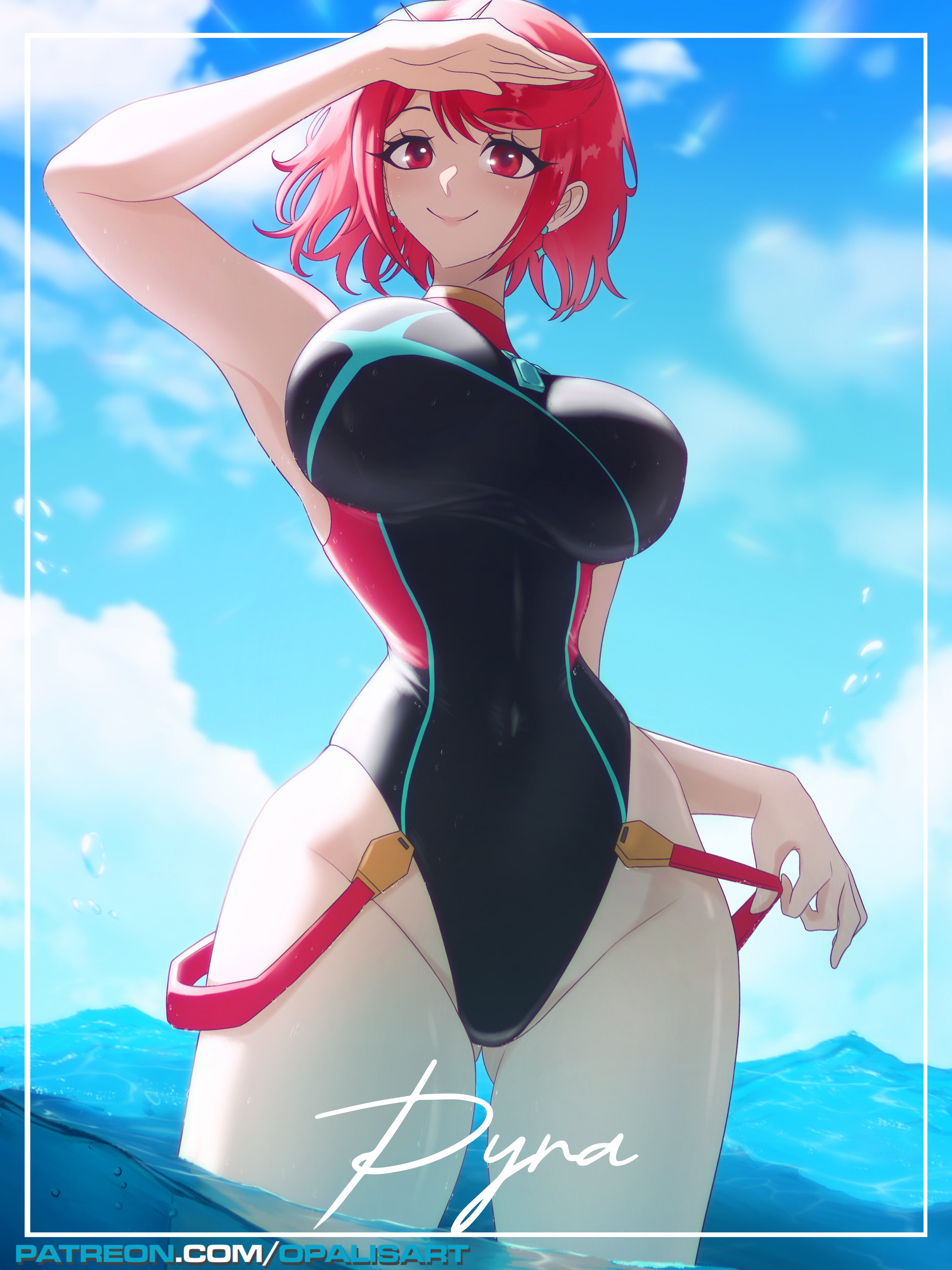 1girls, alternate costume, breasts, core crystal, female, female only, nintendo, opalisart, pyra, short hair, solo, swimsuit, tagme, xenoblade (series), xenoblade chronicles 2