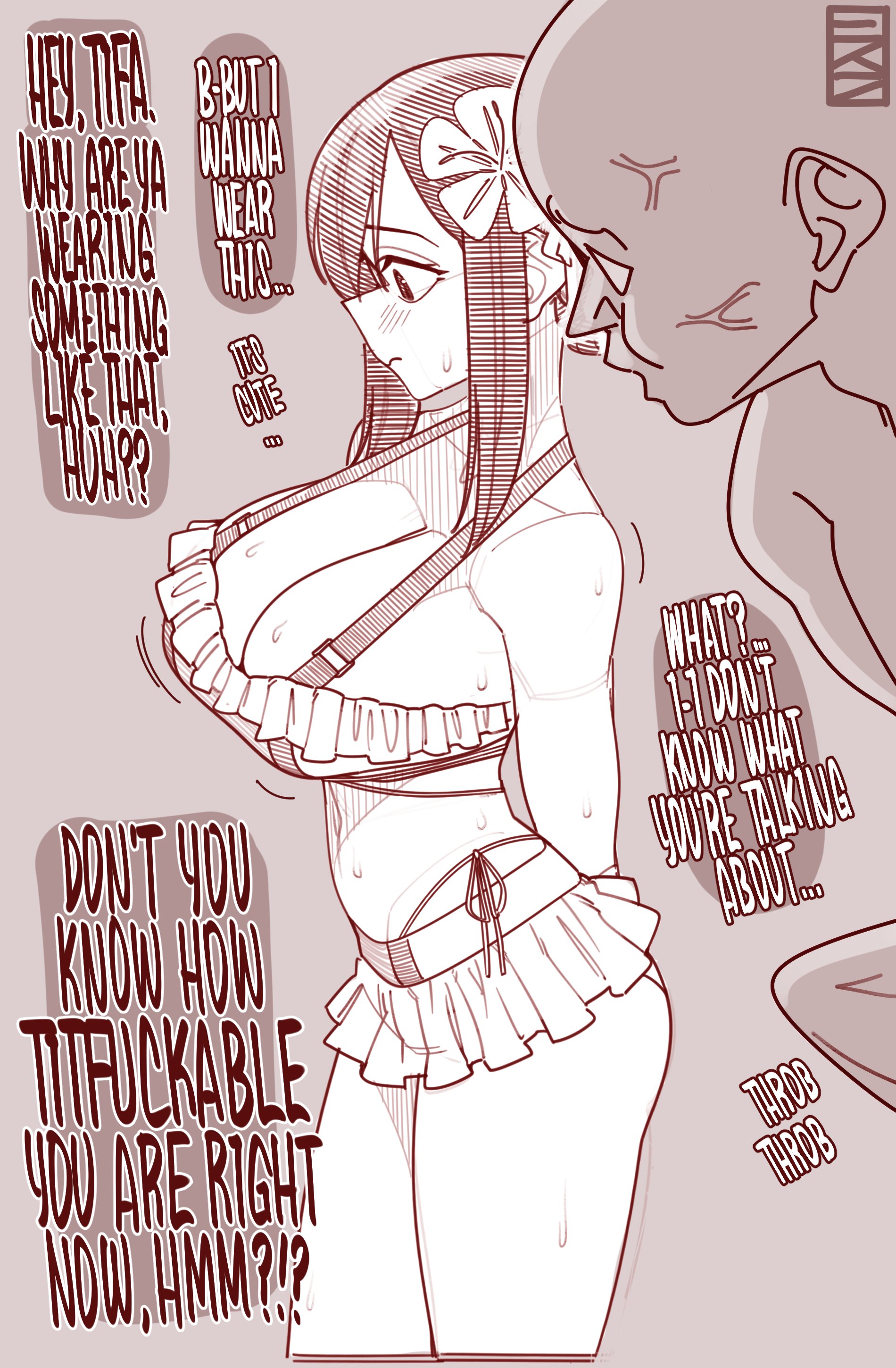 1boy, 1girls, big breasts, breasts, busty, cleavage, curvaceous, curvy, curvy body, curvy female, curvy figure, ekz, english, english text, erection, female, final fantasy, final fantasy vii, final fantasy vii rebirth, final fantasy vii remake, flower, flower in hair, huge breasts, large breasts, male, sexual harassment, swimsuit, text, tifa lockhart, tifa lockhart (shining spirit), voluptuous