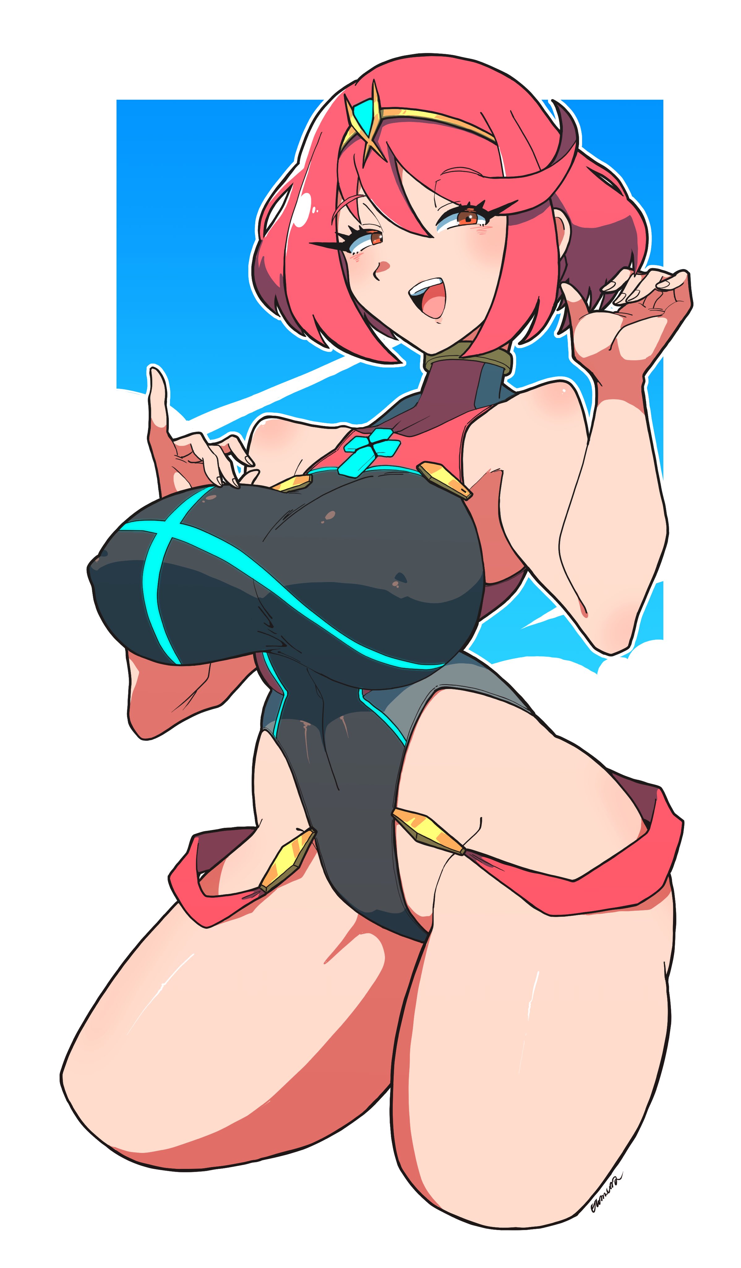1girls, big breasts, breasts, clothing, core crystal, female, female only, nintendo, ohmura denki, open mouth, pyra, short hair, solo, tagme, xenoblade (series), xenoblade chronicles 2