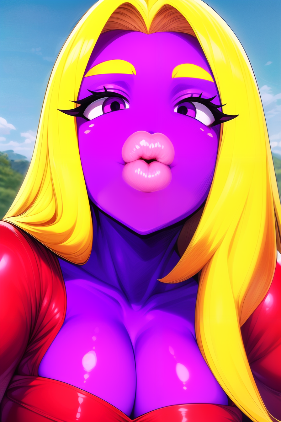 ai_generated anaddiction bimbo bimbo_lips cleavage jynx kissing lips pokemon pokemon_(species) purple_eyes purple_skin red_dress yellow_hair