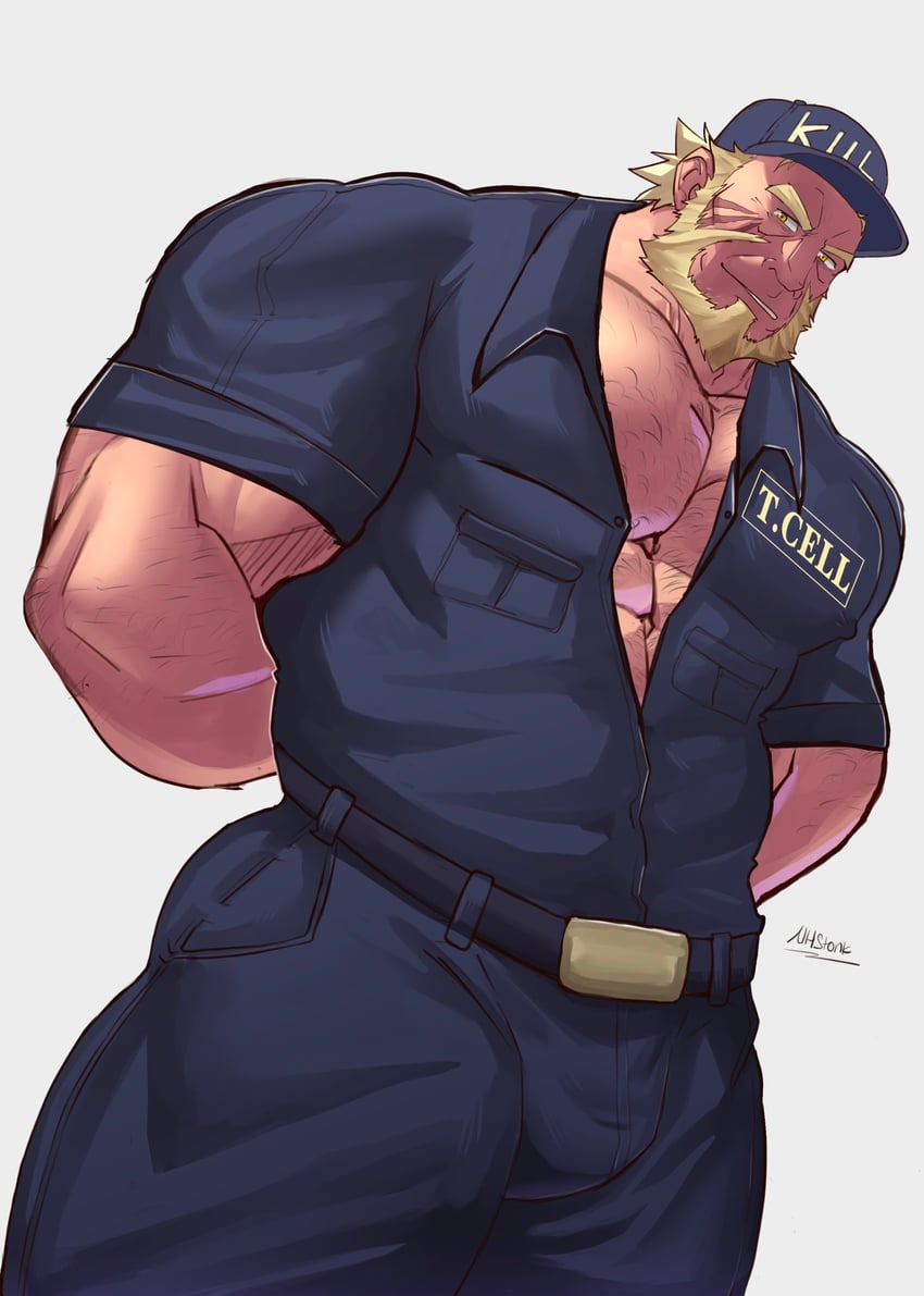 bara beard bulge cells_at_work cells_at_work_code_black clothing facial_hair fully_clothed hands_behind_back hat hataraku_saibou hataraku_saibou_black killer_t_cell male male_only muscles muscular nhstonk scar scar_on_face solo solo_male