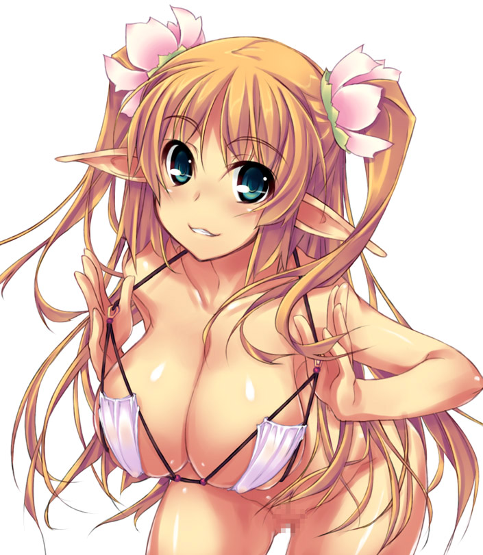 blonde_hair blue_eyes breasts censored cleavage elf female flower hair_flower hair_ornament huge_breasts leaning_forward long_hair original pointy_ears pussy shimakaze solo soundz_of_bell swimsuit tied_hair twintails