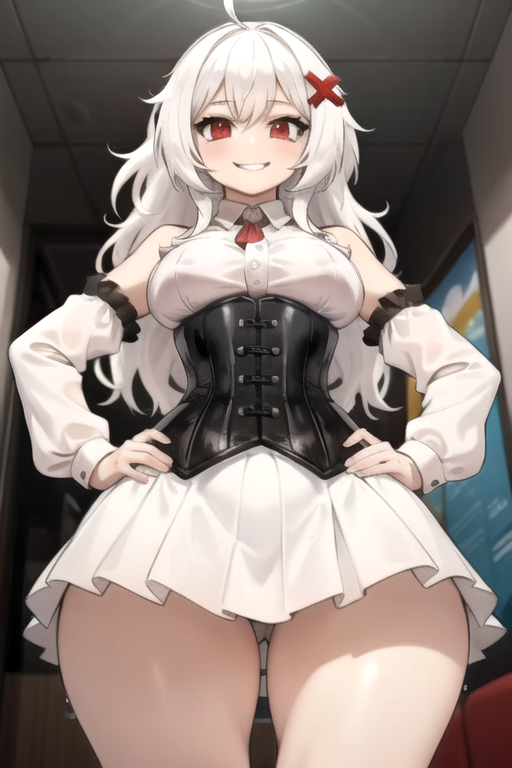 1girls 2d 2d_(artwork) ai_generated big_thighs black_corset corset daidouji_(artist) erispheria female goddess hands_on_hips long_hair long_white_hair looking_at_viewer red_eyes solo thick_legs thick_thighs twitch virtual_youtuber voluptuous voluptuous_female vtuber white_dress white_hair youtube