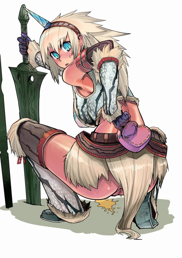 ass blue_eyes capcom censored dark_skin elbow_gloves female gloves hairband horn kirin_(armor) kurohiko looking_back monster_hunter no_panties peeing solo squatting sword thighhighs watersports weapon white_background white_hair