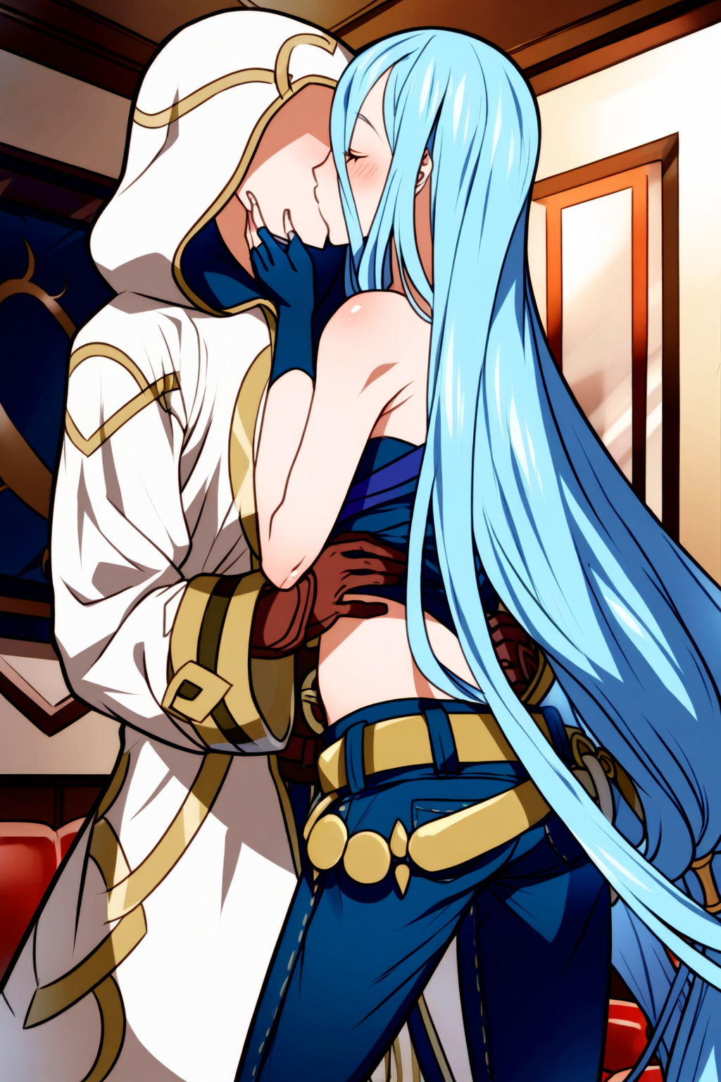 ai_generated azura_(fire_emblem) belt black_strapless fingerless_gloves fire_emblem fire_emblem_fates fire_emblem_heroes from_behind hand_on_another's_face hand_on_another's_hip jeans kiran_(fire_emblem) kissing midriff nai_diffusion stable_diffusion strapless very_long_hair