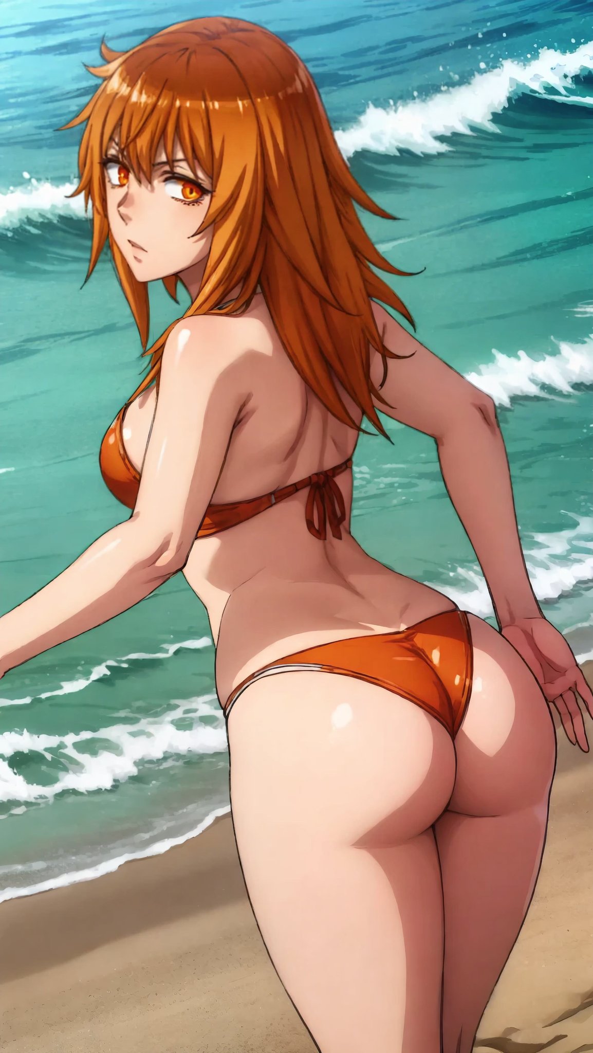 1girls ai_generated beach bikini gamo-chan looking_at_another looking_back orange_hair please_don't_bully_me,_nagatoro solo solo_female viewed_from_behind