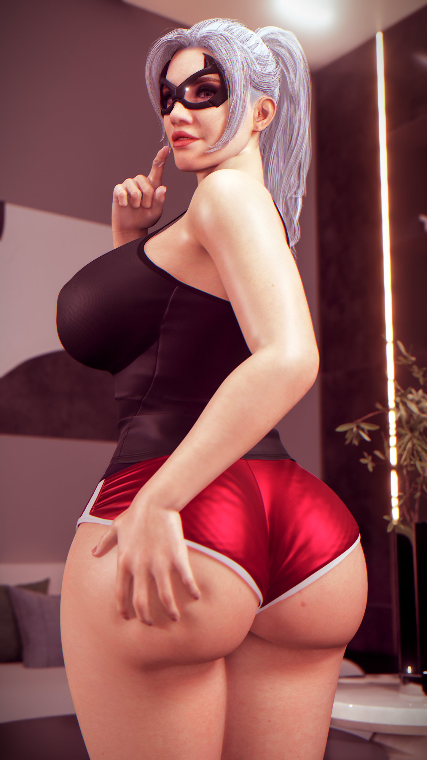 1girls, 3d, ass, big ass, big breasts, black cat (insomniac), black cat (marvel), booty shorts, breadcrumb, breasts, domino mask, felicia hardy, female, female only, from behind, large breasts, long hair, looking back, marvel, marvel comics, short shorts, shorts, silver hair, solo, spider-man (ps4), spider-man (series), thick thighs, white hair