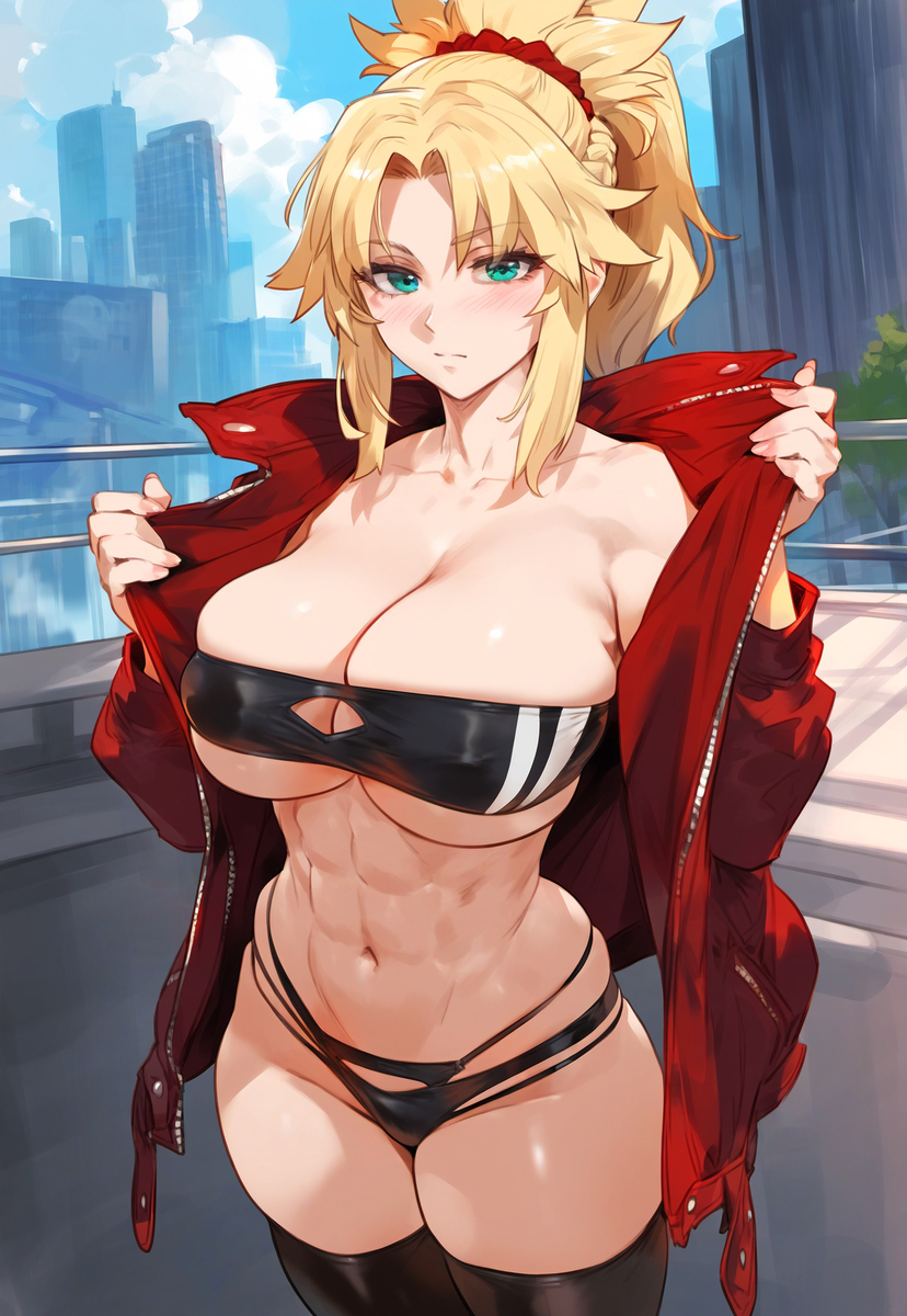 1girls, abs, ai generated, bare shoulders, bare thighs, big breasts, blonde hair, blue eyes, blush, bra, breasts, clothed, clothing, color, fate (series), female, female focus, female only, hi res, large breasts, light skin, light-skinned female, long hair, looking at viewer, mordred (fate), muscles, muscular, muscular female, nipples visible through clothing, panties, solo, solo female, tagme, thick thighs, truck kun, underwear