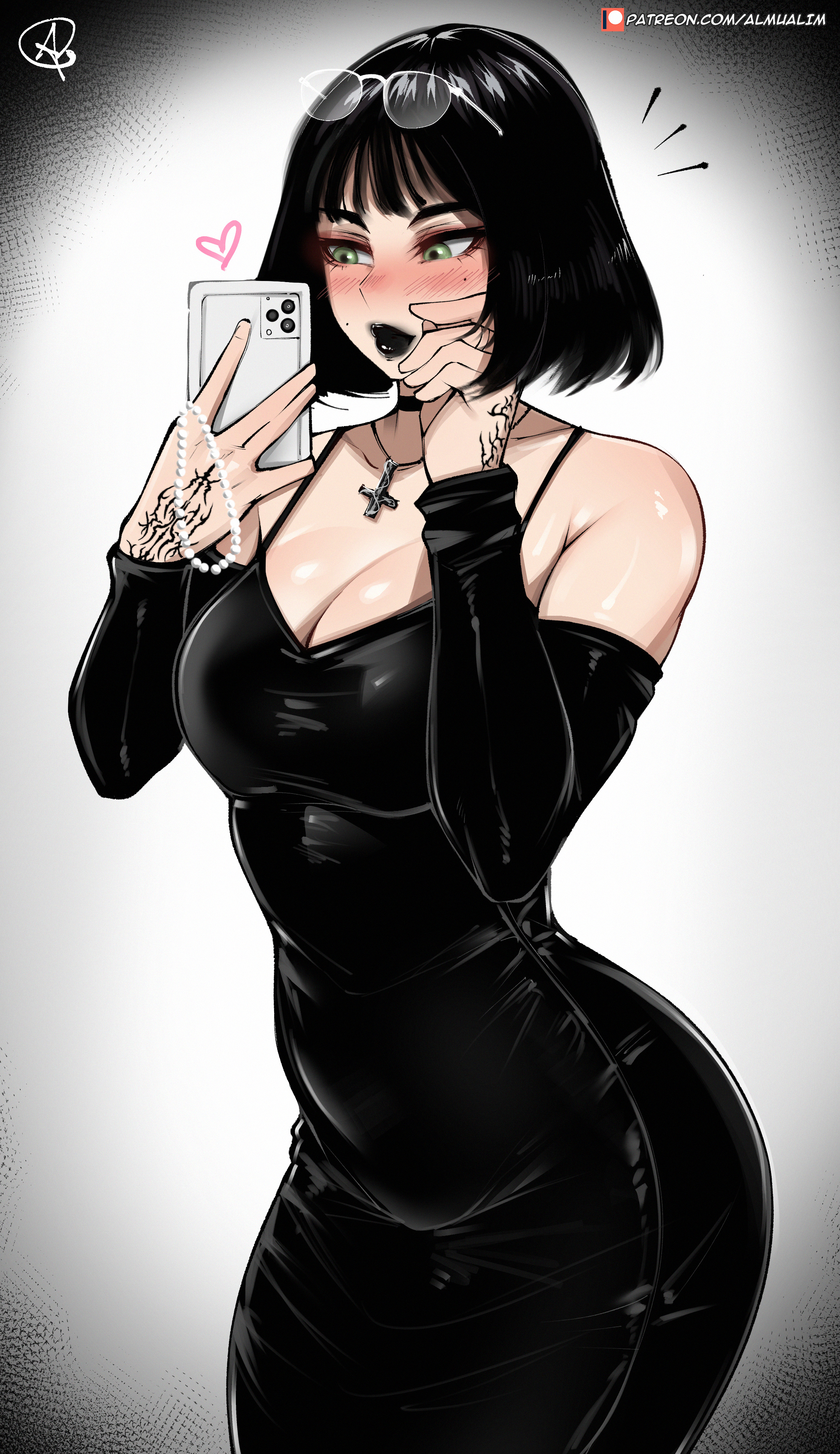1girls, almualim, black hair, black lipstick, breasts, dress, female, goth, hi res, light skin, light-skinned female, lipstick, original, original character, short hair, thick thighs, wide hips, yuna (almualim)