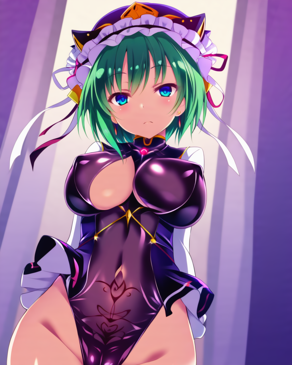 9231292020 ai_generated brainwashing corruption eiki_shiki enemy_conversion female implied_transformation large_ass large_breasts latex leotard mind_break mind_control navel salute thick_thighs touhou transformation wide_hips