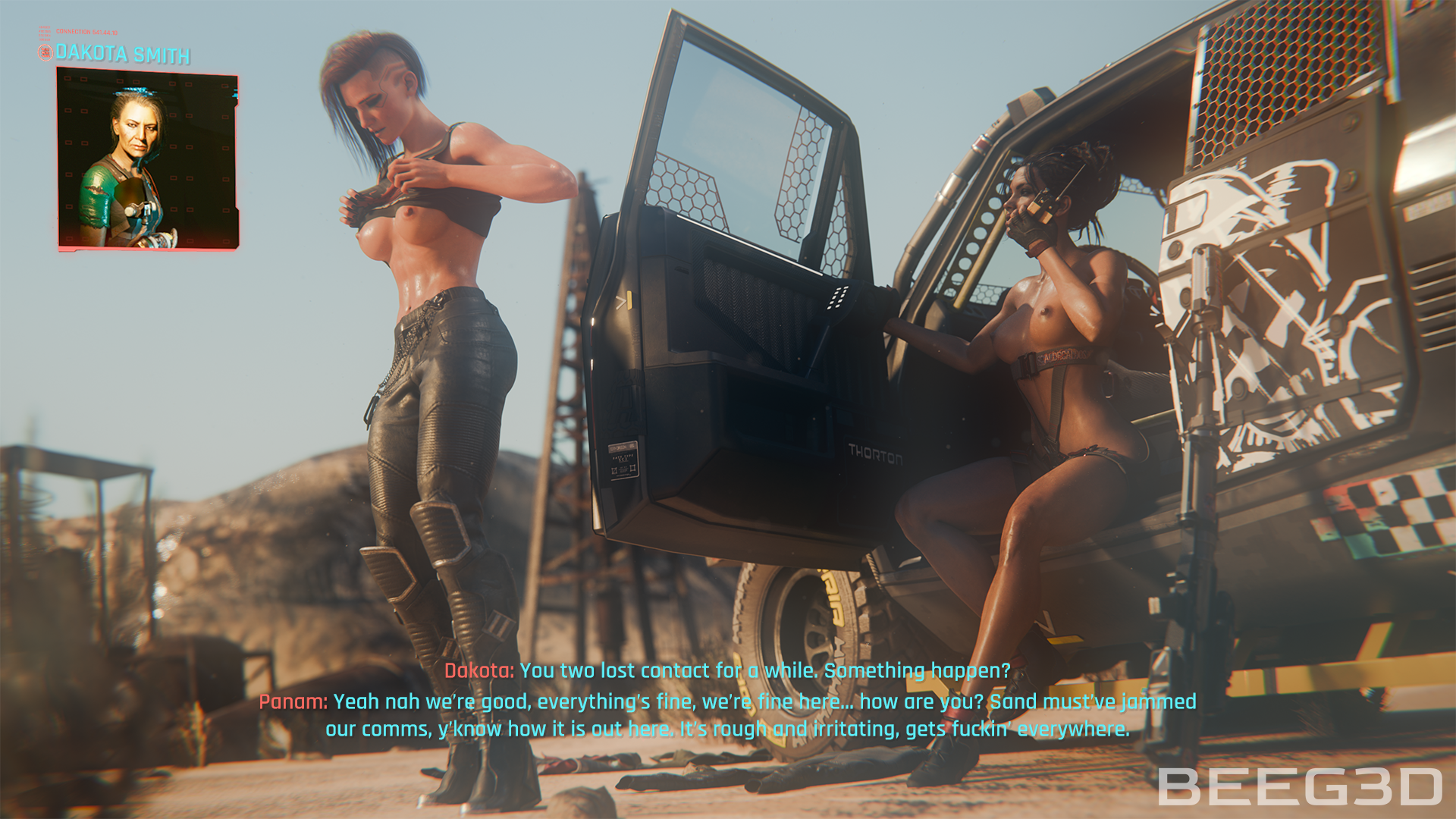 2girls, 3d, abs, afro-native, after sex, ass, beeg3d, belt, boots, boots only, breasts, brown skin, cd projekt red, cyberpunk 2077, dark skin, dark-skinned female, english dialogue, female, female only, hair bun, interracial, lesbian sex, light skin, light-skinned female, nude, nude female, outdoors, panam palmer, sand, straps, sweat, sweaty body, topless, topless female, v (cyberpunk 2077), valerie (cyberpunk 2077), yuri