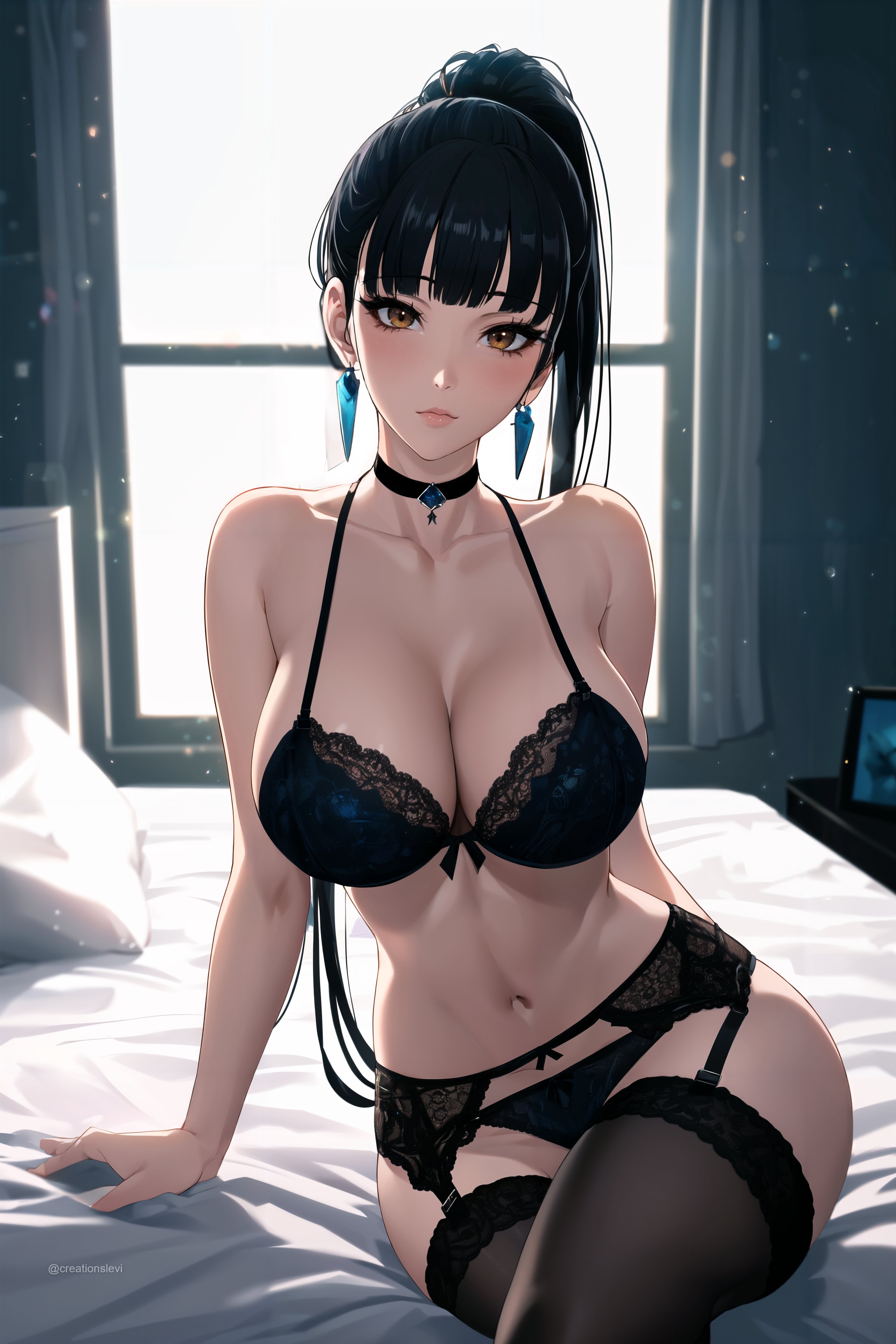 1girls, 2024, 2d, 2d (artwork), ai generated, artist name, bed, bed sheet, bedroom, bedroom eyes, black hair, black stockings, blue bra, blue panties, breasts, brown eyes, choker, creationslevi, earrings, eve (stellar blade), female, female focus, female only, female protagonist, garter belt, large breasts, light skin, light-skinned female, lingerie, lingerie bra, lingerie only, lingerie panties, long hair, looking at viewer, realistic breast size, realistic proportions, sitting, stellar blade, stockings, thick thighs, thighhighs, thighs, window