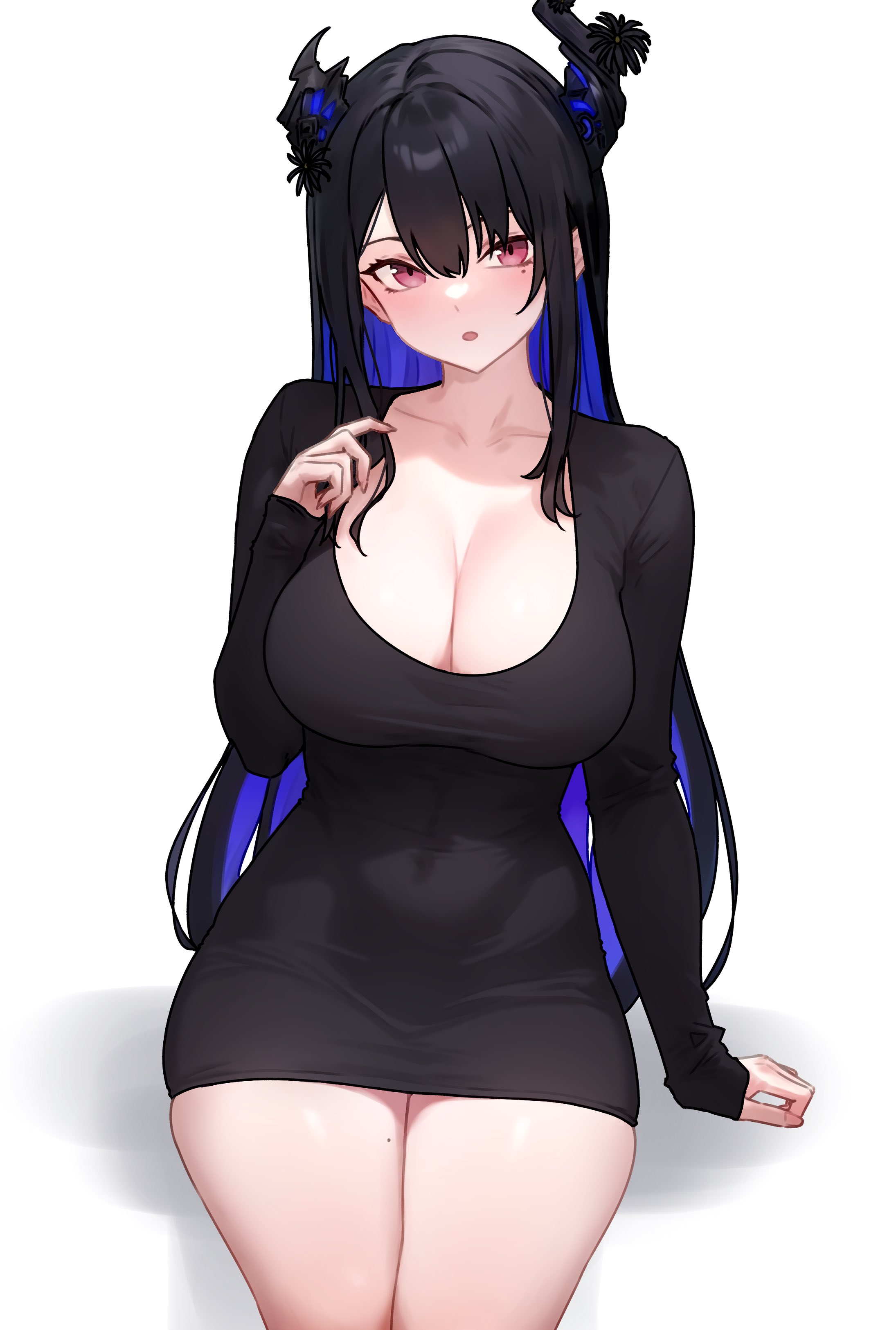 1girls, big breasts, black hair, bluefield, breasts, clothed, dress, female, higher resolution available, hips, hololive, hololive english, hololive english -advent-, horn, large breasts, light skin, light-skinned female, long hair, naughty face, nerissa ravencroft, red eyes, thick thighs, thighs, virtual youtuber, wide hips