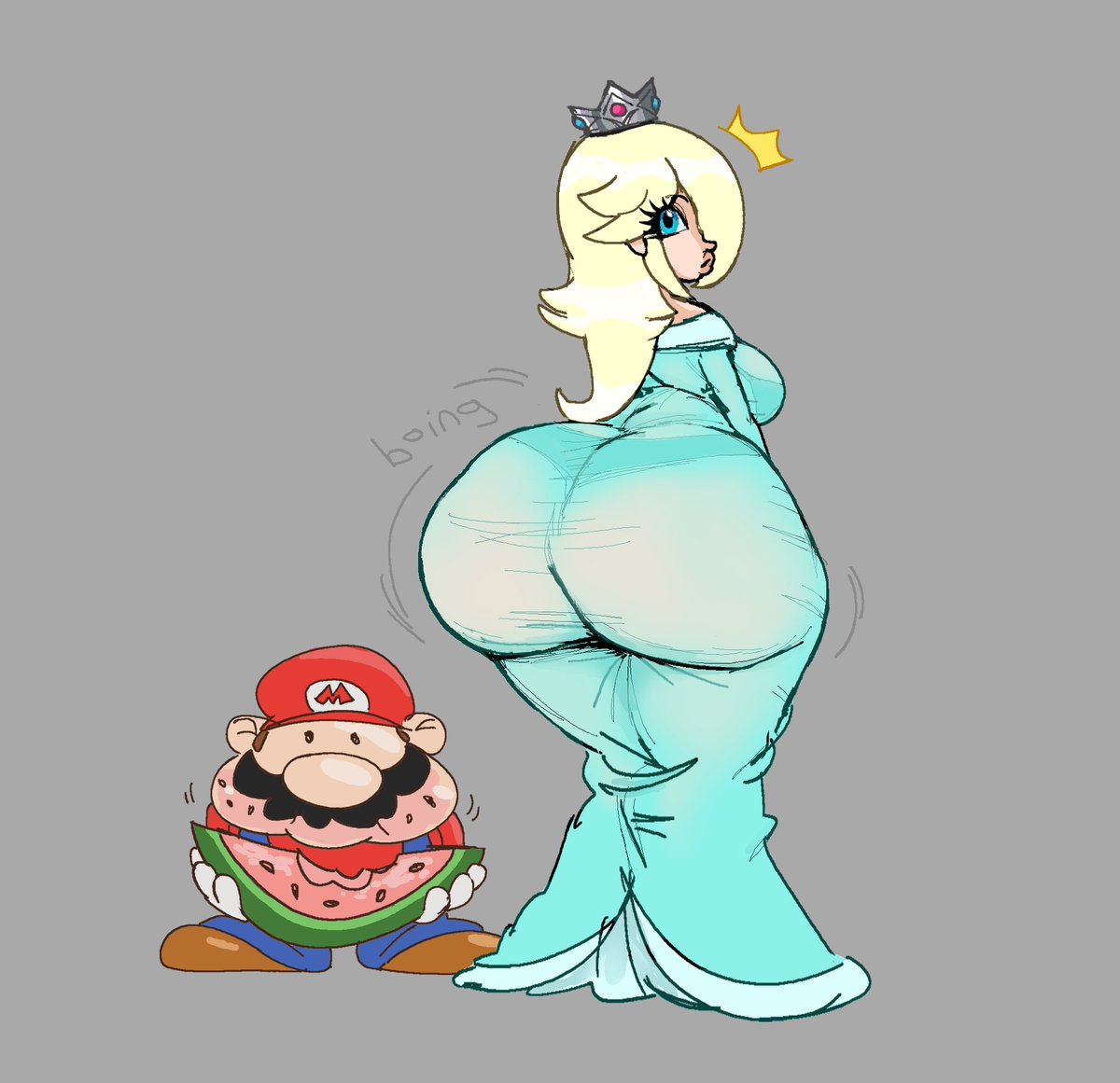 1boy, 1girls, ass, chompsky, female, huge ass, male, mario, mario (series), onomatopoeia, princess rosalina, thighs, transparent clothing, watermelon