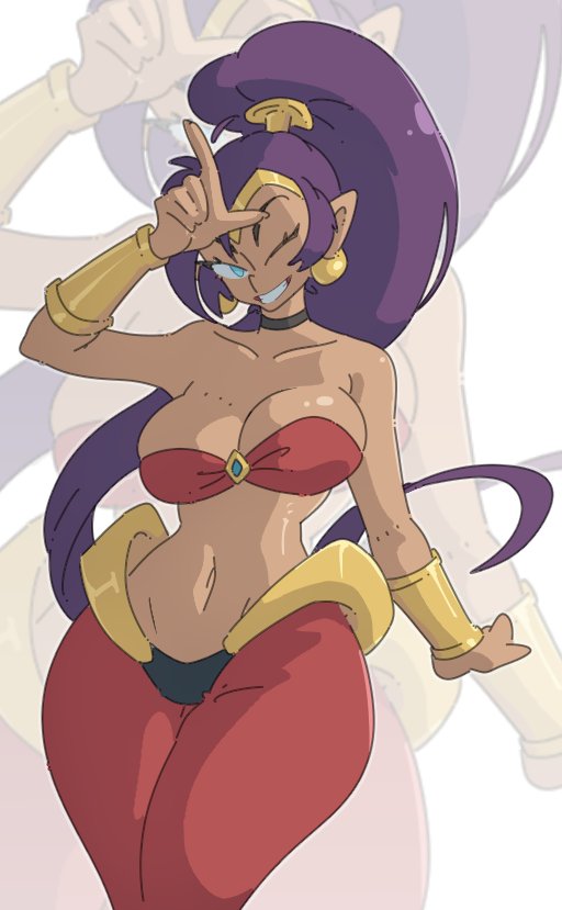 1girls big_breasts blue_eyes breasts cleavage female female_only leedraw11 long_hair loser_gesture one_eye_closed pointy_ears ponytail purple_hair shantae shantae_(character) smile solo tan_skin wink