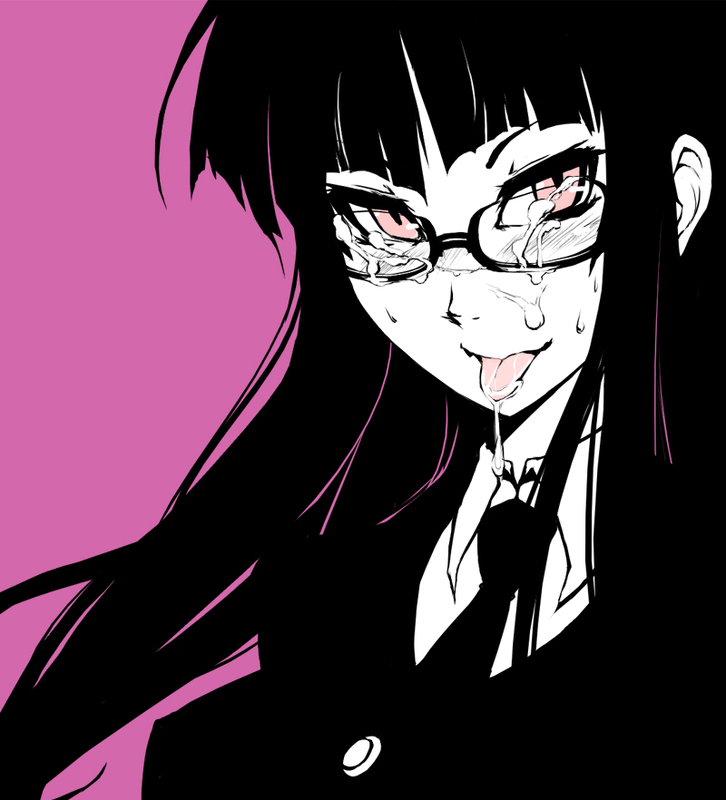 1girls cum cum_in_mouth cum_on_face cum_on_glasses eu03 face facial female female_protagonist_(houkago_play) glasses happy_facial hime_cut houkago_play necktie school_uniform solo spot_color tongue tongue_out