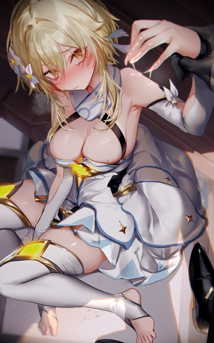 absurdres arm_grab black_footwear blonde_hair blush breasts caught crying crying_with_eyes_open detached_sleeves dress fanon_couple female flower from_above genshin_impact hair_flower hair_ornament highres hoyoverse implied_masturbation large_breasts looking_at_viewer looking_up lumine_(genshin_impact) mihoyo out_of_frame pottsness shoes short_hair_with_long_locks sidelocks sitting stirrup_legwear straight suggestive_fluid tartaglia_(genshin_impact) tears thighhighs toeless_legwear toenails wariza white_dress white_thighhighs