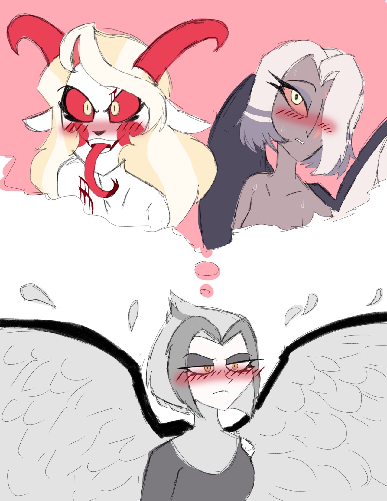 angel, blonde hair, blood, breasts, charlie morningstar (hazbin hotel), clothed, clothing, demon, erisjoy, fantasizing, female, female only, female/female, grey skin, hair, halo, hazbin hotel, horns, lute (hazbin hotel), saliva, scar, sweat, teeth, tongue, tongue out, vaggie (hazbin hotel), vivienne medrano, white hair, wings, yellow eyes, yuri