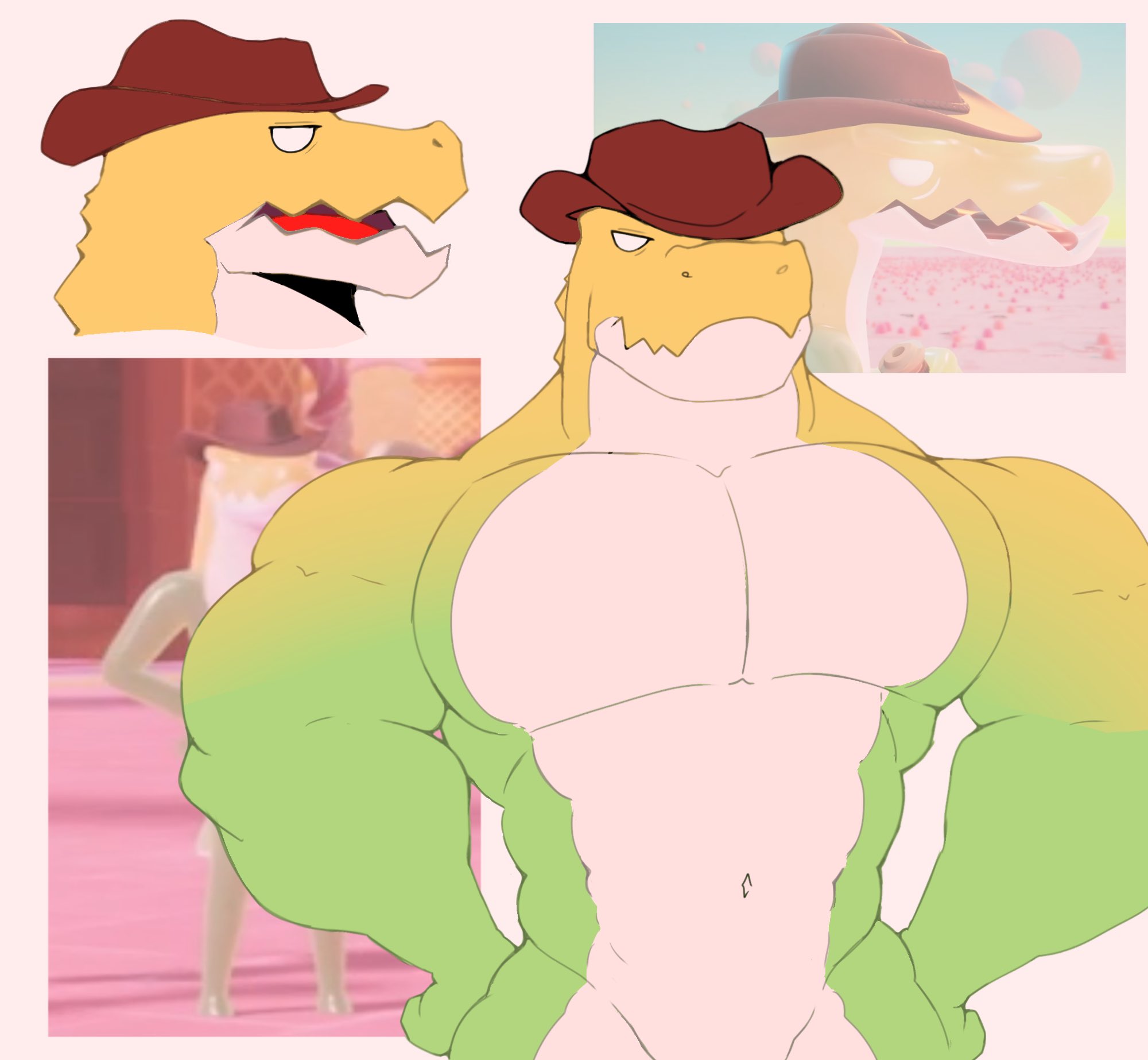 1boy, anthro, baconth3dragon, belly button, biceps, cowboy hat, first porn of character, glitch productions, gooseworx, green body, gummigoo (the amazing digital circus), hands on hips, hat, male, male only, muscular, muscular male, no visible genitalia, pecs, reference image, reptile, screenshot, serious, sharp teeth, solo, solo male, the amazing digital circus, warcraft, white eyes (warcraft)
