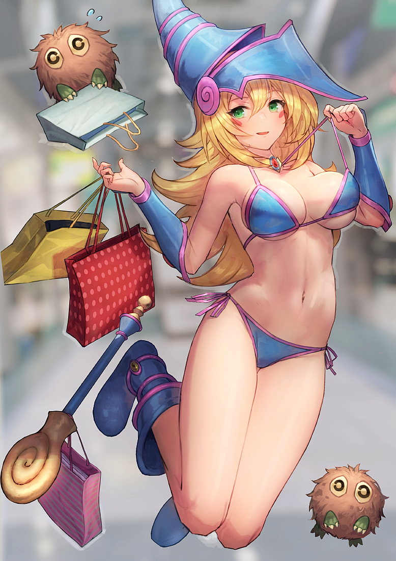 1girls arm_guards bag bikini blonde_hair blue_bikini blue_swimsuit boots breasts choker dark_magician_girl female green_eyes hat holding_bag kuriboh large_breasts long_hair looking_at_viewer midriff navel shopping_bag side-tie_bikini side-tie_swimsuit staff swimsuit urokoda wizard_hat yu-gi-oh!