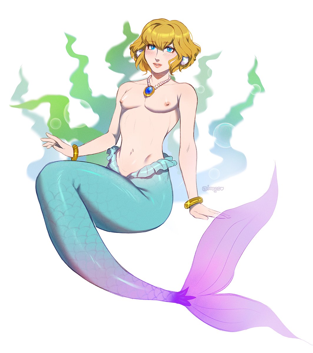 1boy blonde_hair blue_eyes blush bracelets femboy genderswap_(ftm) looking_at_viewer male male_only mario_(series) mermaid mermaid_peach merman necklace nintendo nipples prince_apricot princess_peach princess_peach:_showtime! rule_63 solo targso white_background