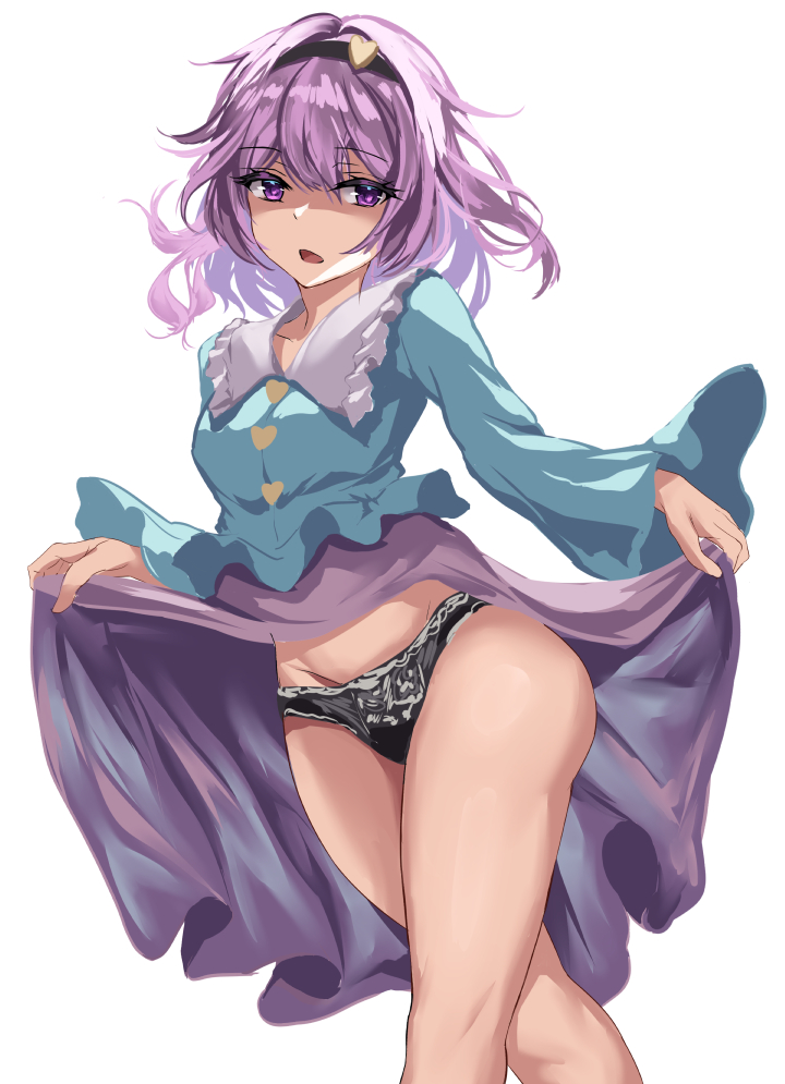 ass black_panties blouse blue_shirt buttons clothes_lift collar eyeball female frilled_shirt_collar frills gluteal_fold kaeranu_kaeru knees komeiji_satori lace lace-trimmed_panties lace_trim lifted_by_self long_skirt long_sleeves panties pink_hair pink_skirt purple_eyes purple_skirt ribbon-trimmed_collar ribbon_trim satori_komeiji shirt short_hair simple_background skirt skirt_lift solo thighs touhou underwear white_background white_collar wide_sleeves