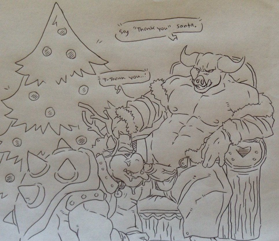 abs antlers balls bodily_fluids bottomwear bowser christmas christmas_tree clothed clothing collar cum cum_on_face cum_on_tongue duo erection fellatio genital_fluids genitals holidays horn koopa licking male male/male mario_(series) mario_and_luigi_(series) midbus monster nintendo nipples open_bottomwear open_clothing open_pants oral pants pecs penile penis penis_lick plant scalie sex shell sitting spiked_collar spiked_shell spikes spikes_(anatomy) staticlustdemons tongue tongue_out traditional_media_(artwork) tree wuffinarts