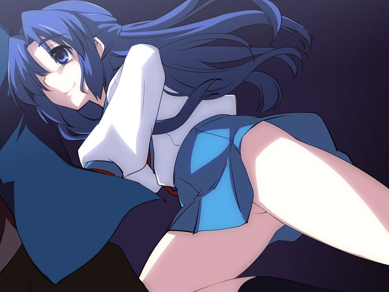 blue_eyes blue_hair knife long_hair nagami_yuu no_panties school_uniform suzumiya_haruhi_no_shoushitsu suzumiya_haruhi_no_yuuutsu