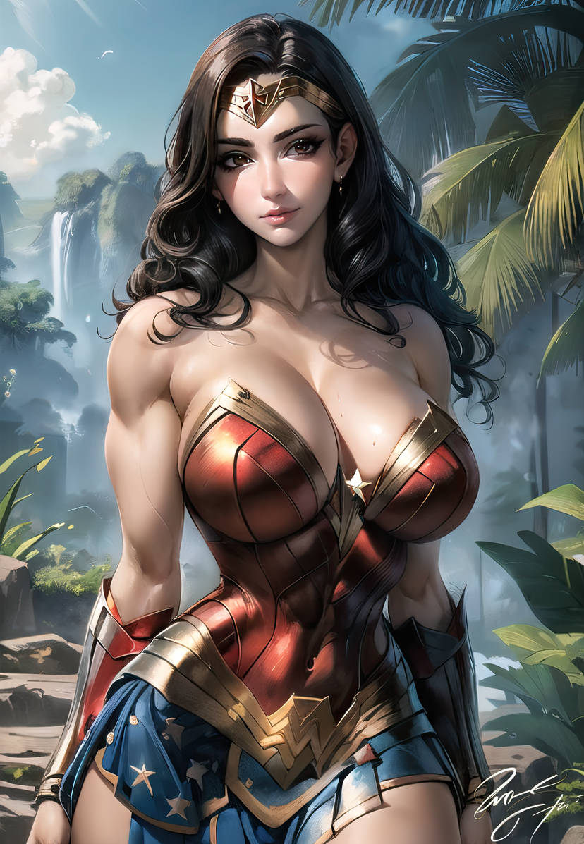 1girls ai_generated big_breasts boob_window dc dc_comics fanart jadegretz long_hair looking_at_viewer solo watermark wonder_woman wonder_woman_(series)